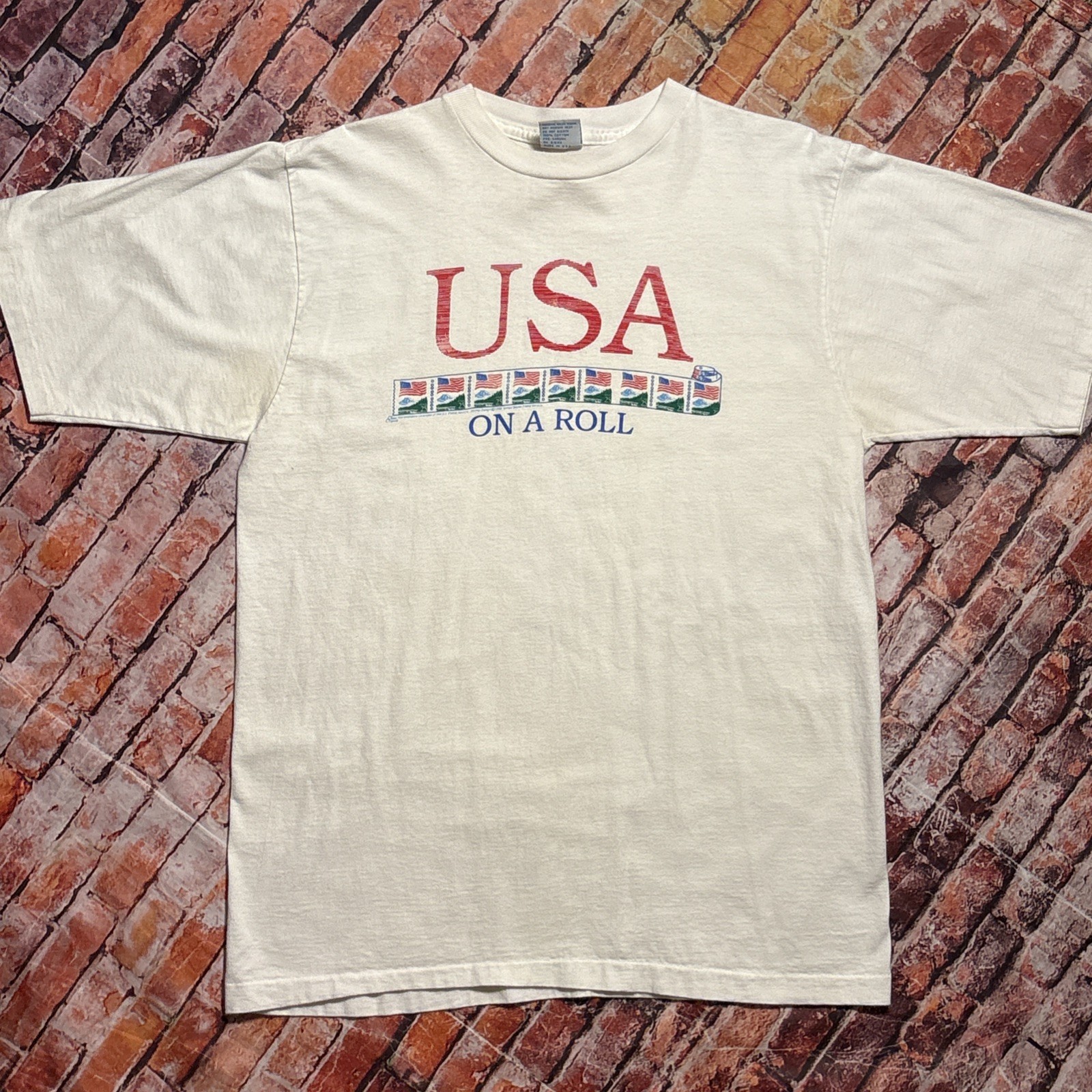 Vtg Alore USA Stamps ON A ROLL Graphic Single Stitch T-Shirt Adult Sz XL