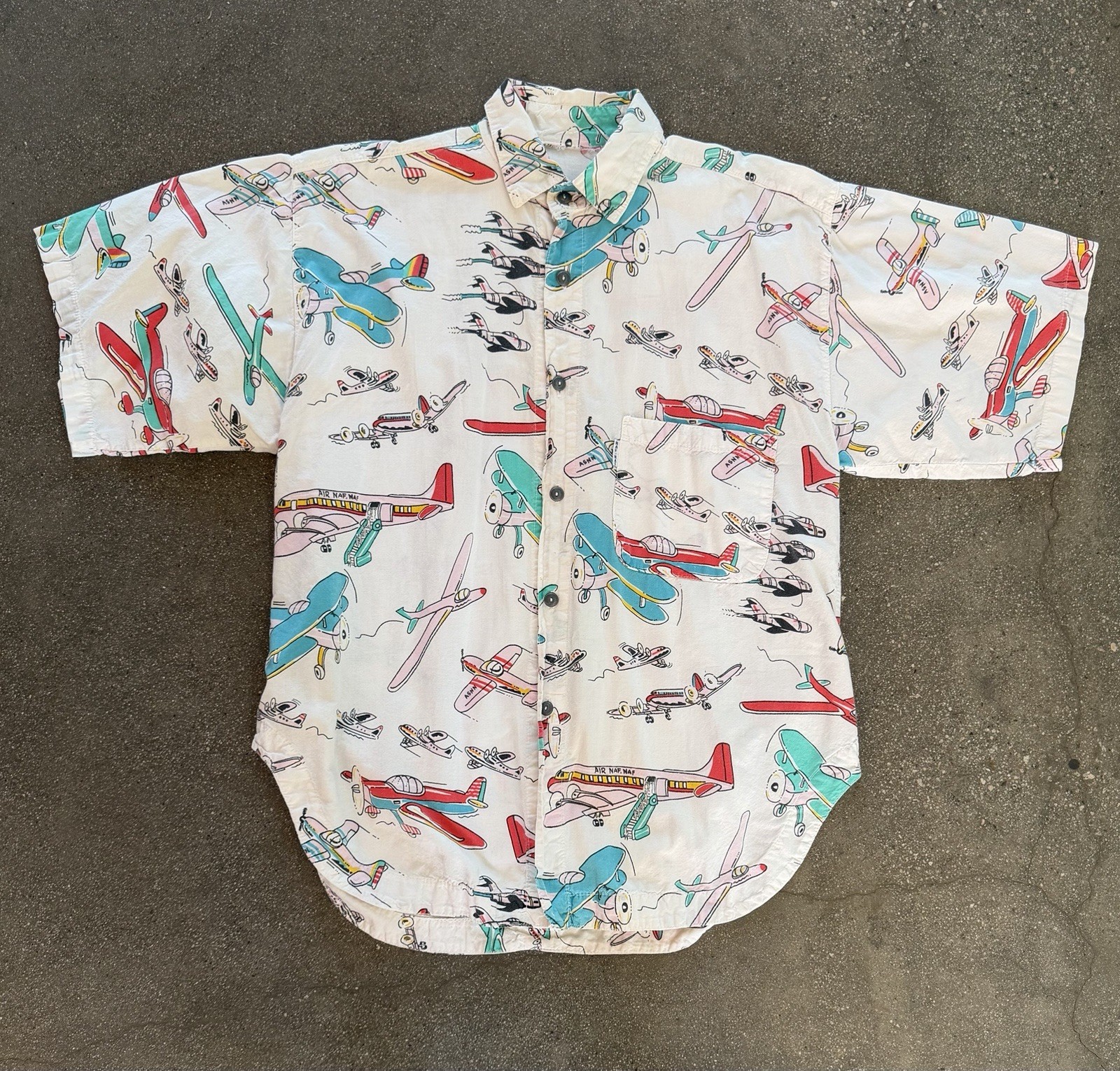 1980’s NAF NAF MENS GRAPHIC SHIRT CARTOON AIRPLANES GAY PRIDE COTTON
