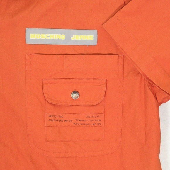 VTG Moschino Jeans Button Up Adventure Wear Racing Stripe Orange Cotton Men M