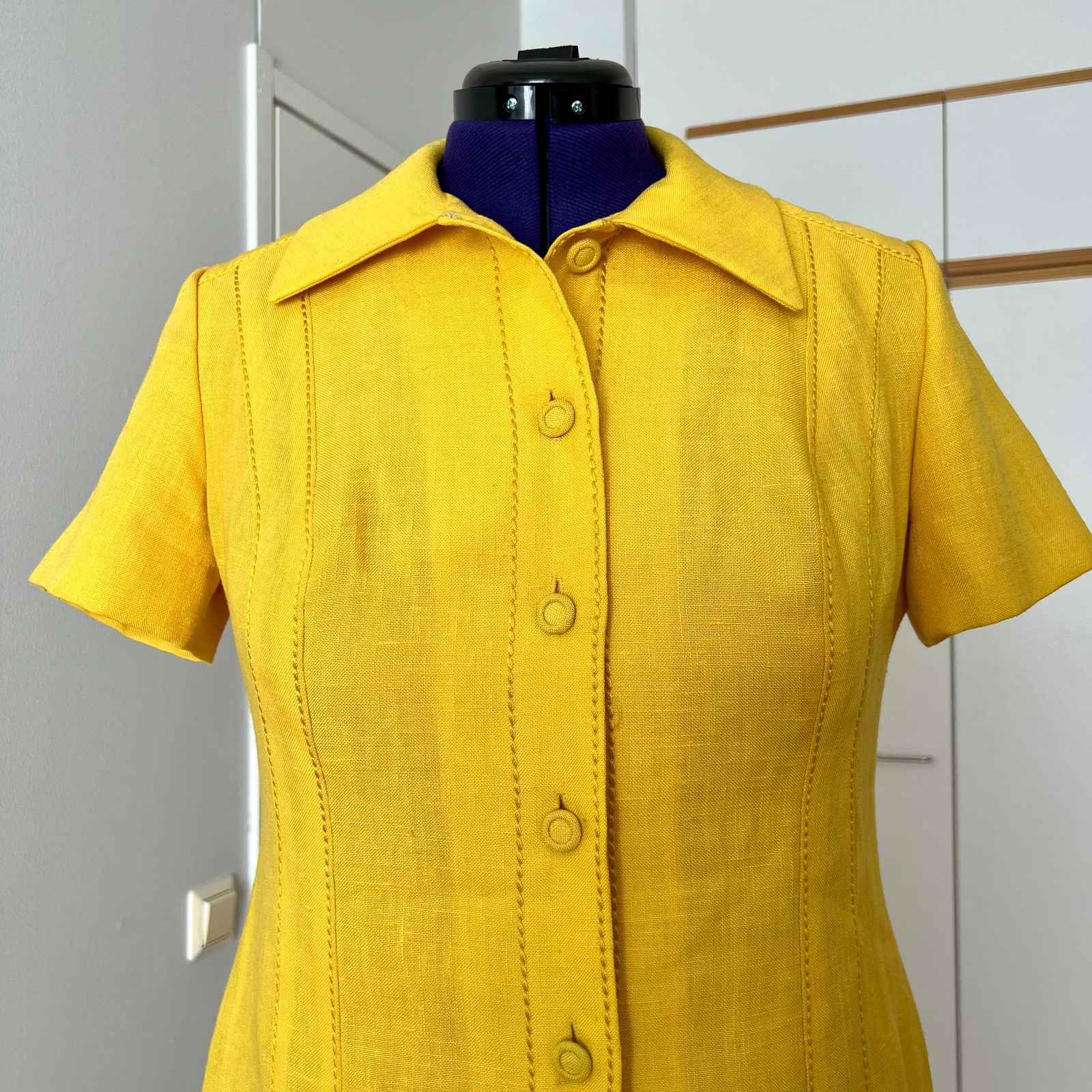 1970s Plus Size Yellow Mod Shirt Dress Button Front Pleated Aline Retro EU 46