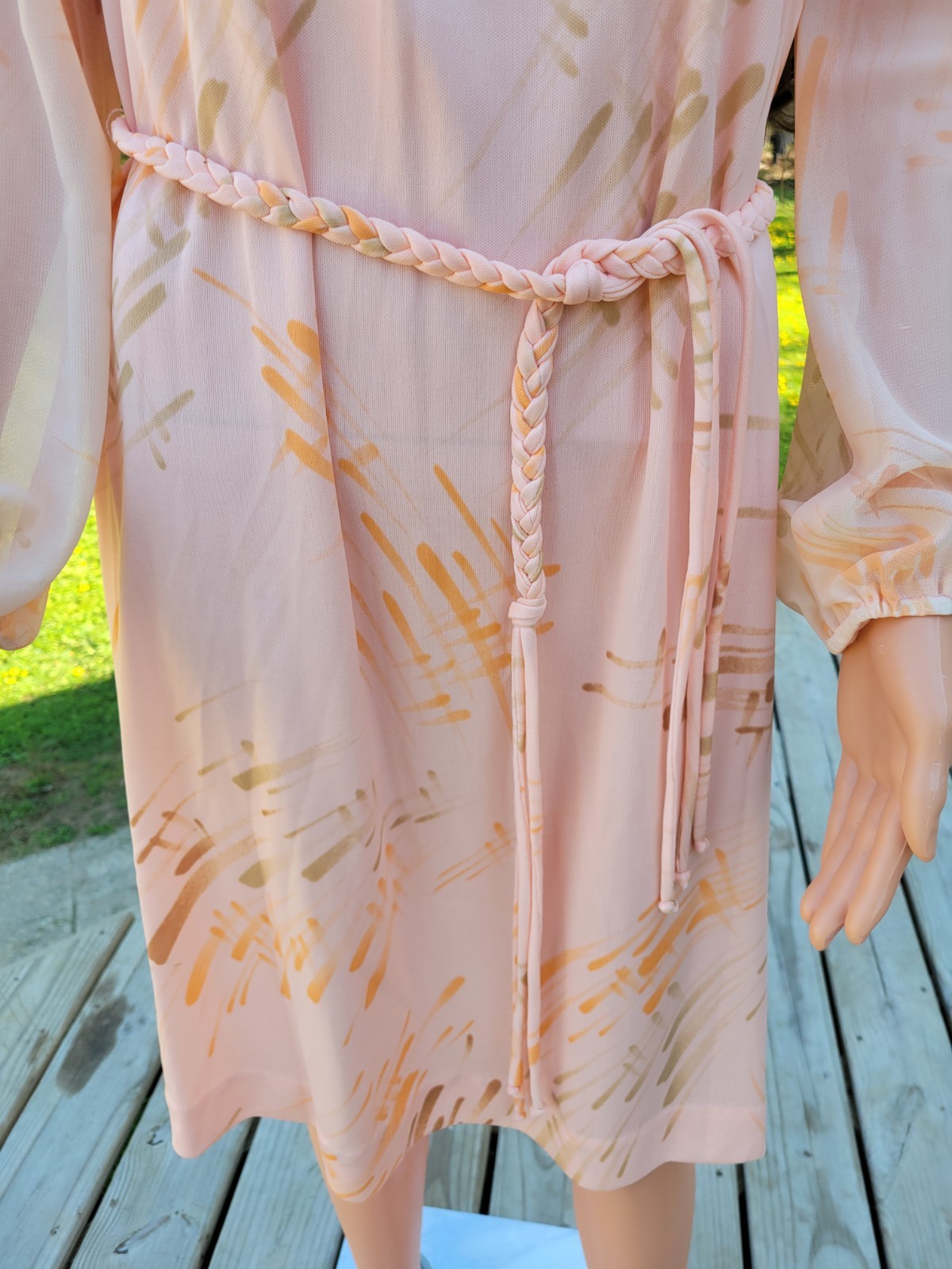 Vintage 70s Abstract Print Midi Dress Pink Peach Sheer Long Sleeve Braided Belt