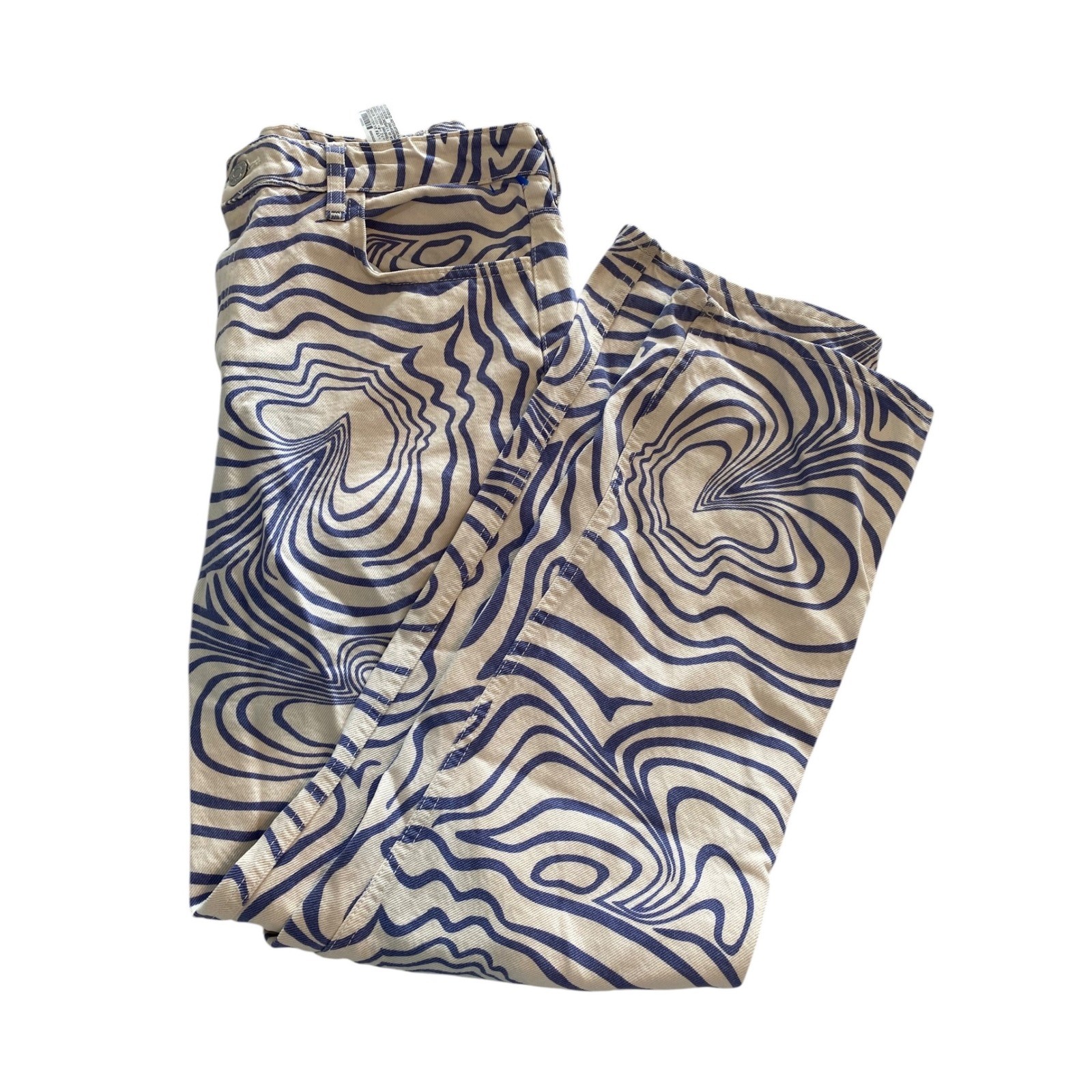 Zara Womens Blue and Cream Psychedelic Zebra Swirl Boot Cut Jeans Size 10 Retro