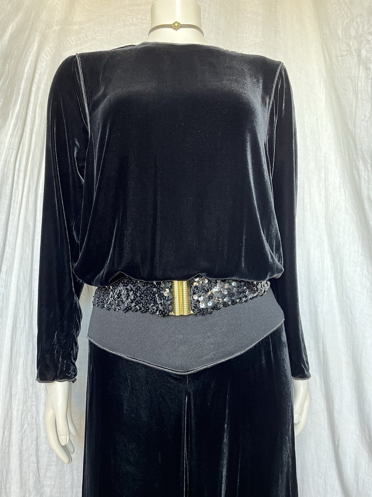 Vintage 70s Velvet Maxi Dress Black Drapey Blouson Boho Gothic Witchy 1970s Sml