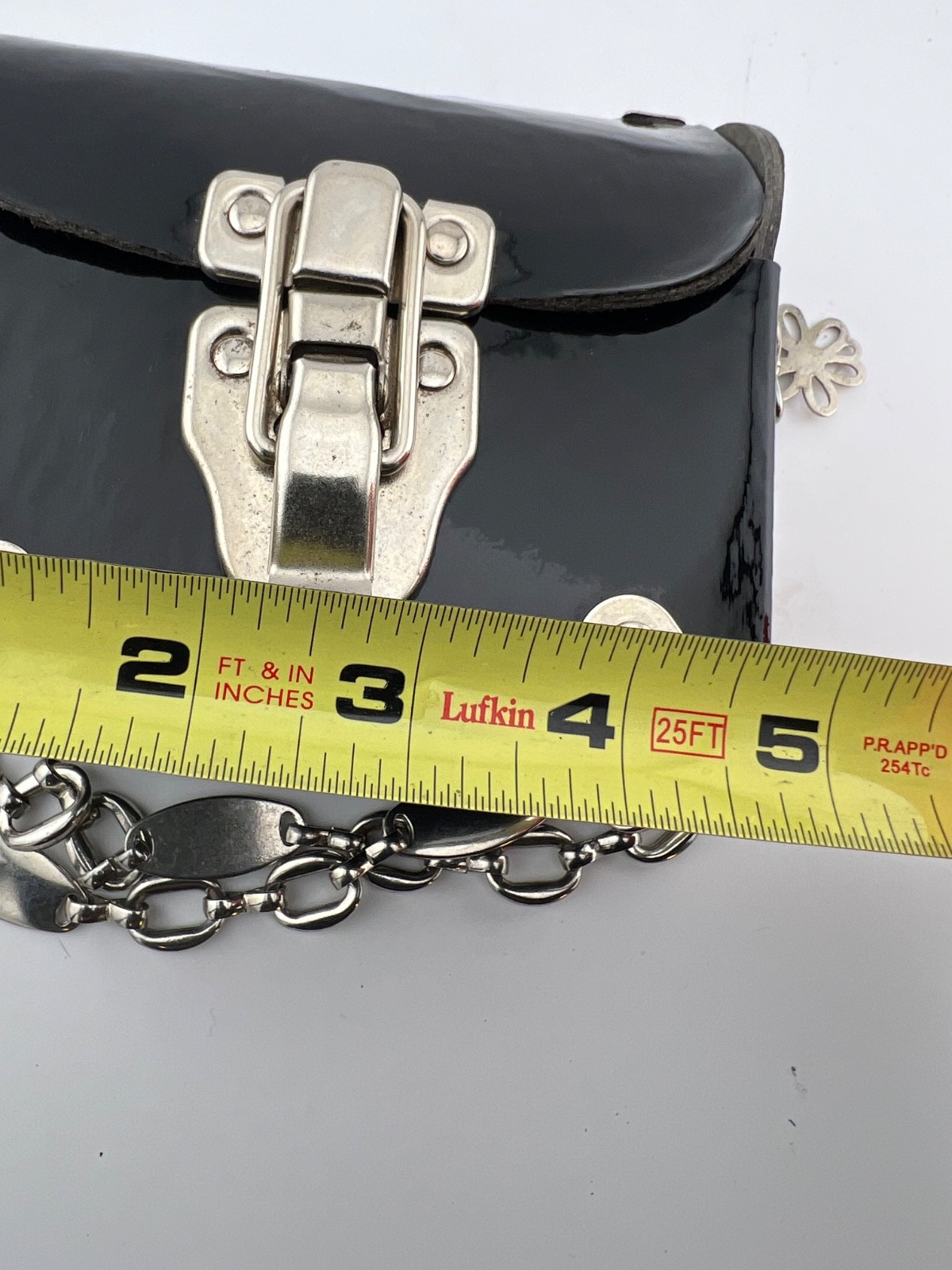 Vtg Hardcase Trunk Bag Black Patent Silver Heavy Chain Locket Heart Purse USA