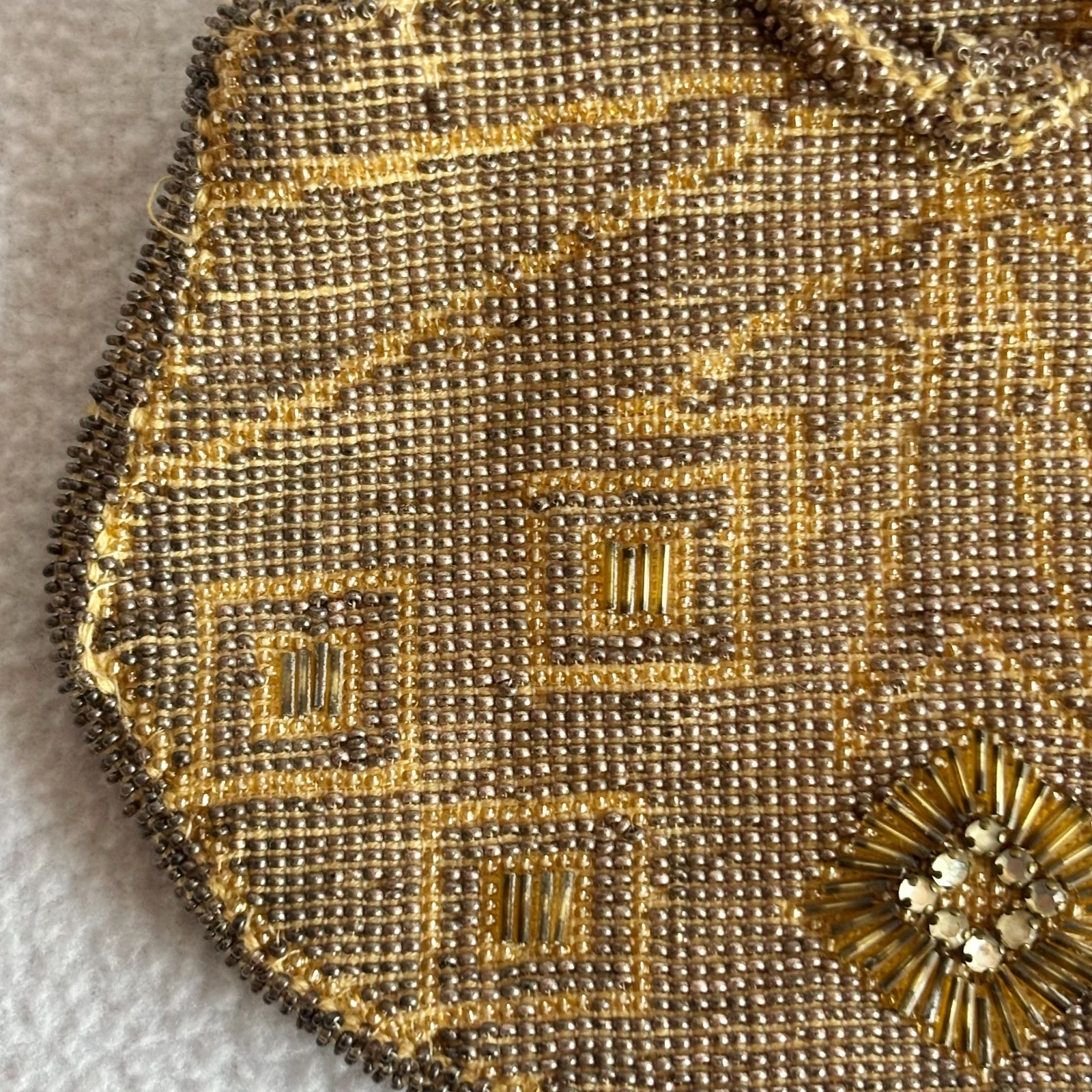 Vintage Art Deco Gold Beaded Evening Bag Purse Ring Handles Czechoslovakia