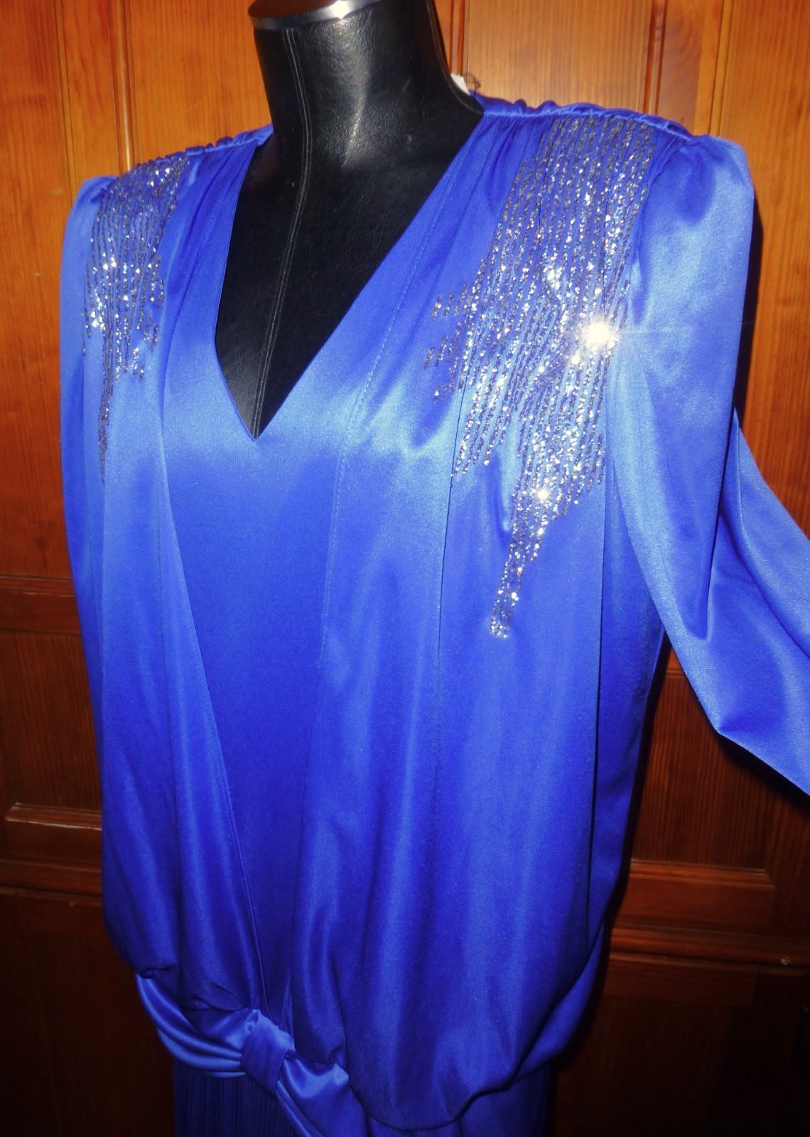 Vtg 80s Royal blue DECO silky Jersey Glitter Cocktail Gatsby party DRESS sz 12 L