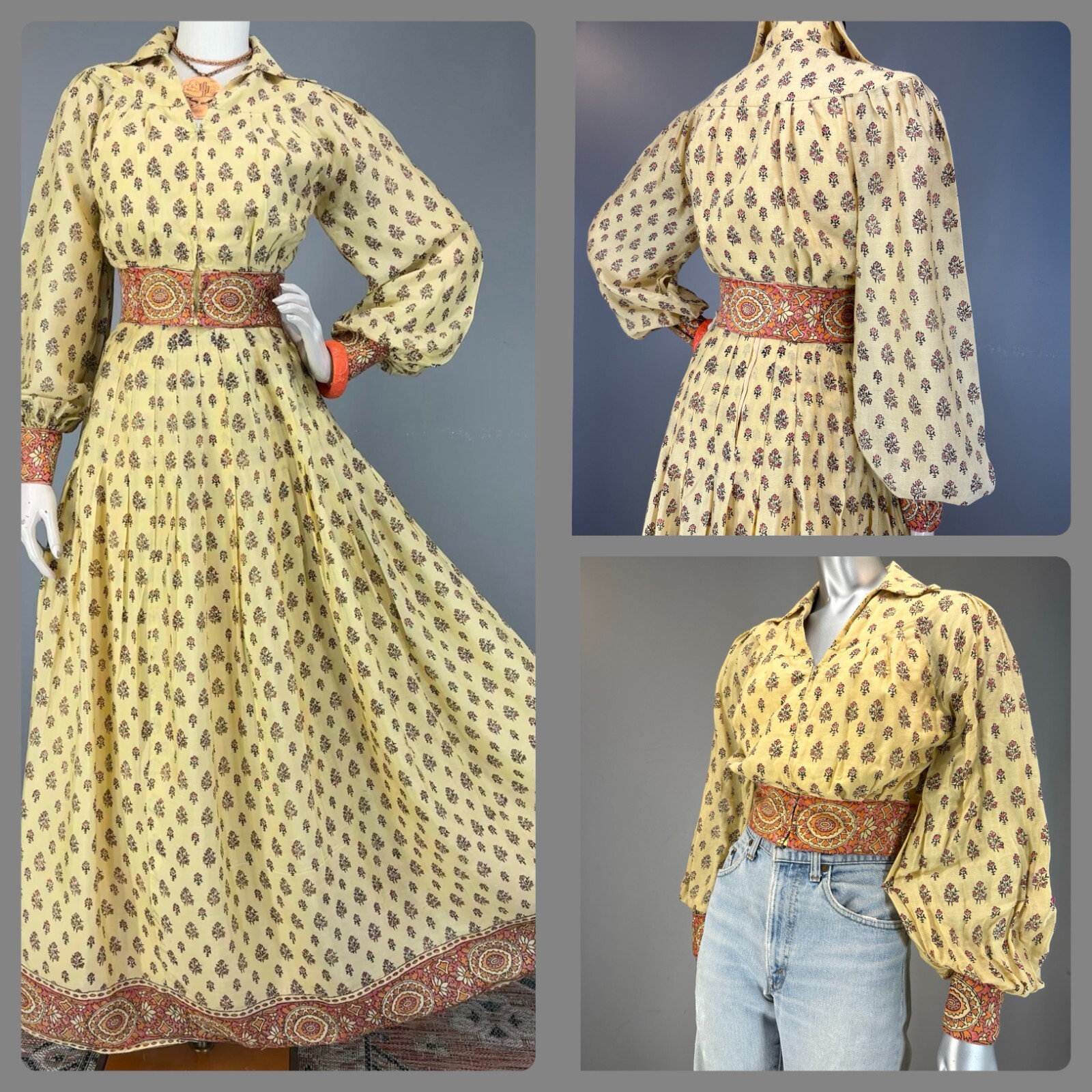 Vtg 60s 70s Cotton India JACKET + SKIRT Border Block Print Billow Sleeve Set S