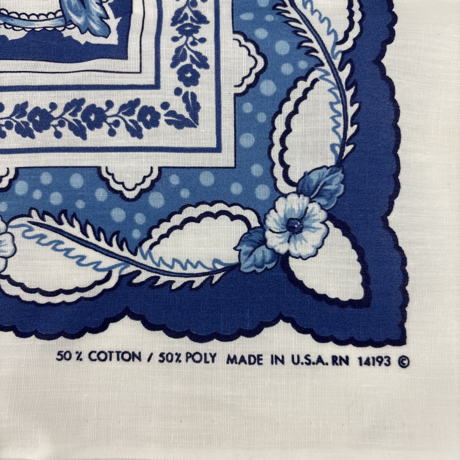 Vintage Blue Floral Bandana Scarf Cottagecore Folk Square Head Wrap USA Made