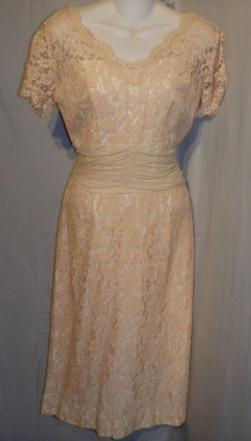 Vtg 60s Ivory Lace Cocktail wiggle dress gown Norman Original Sz small 8
