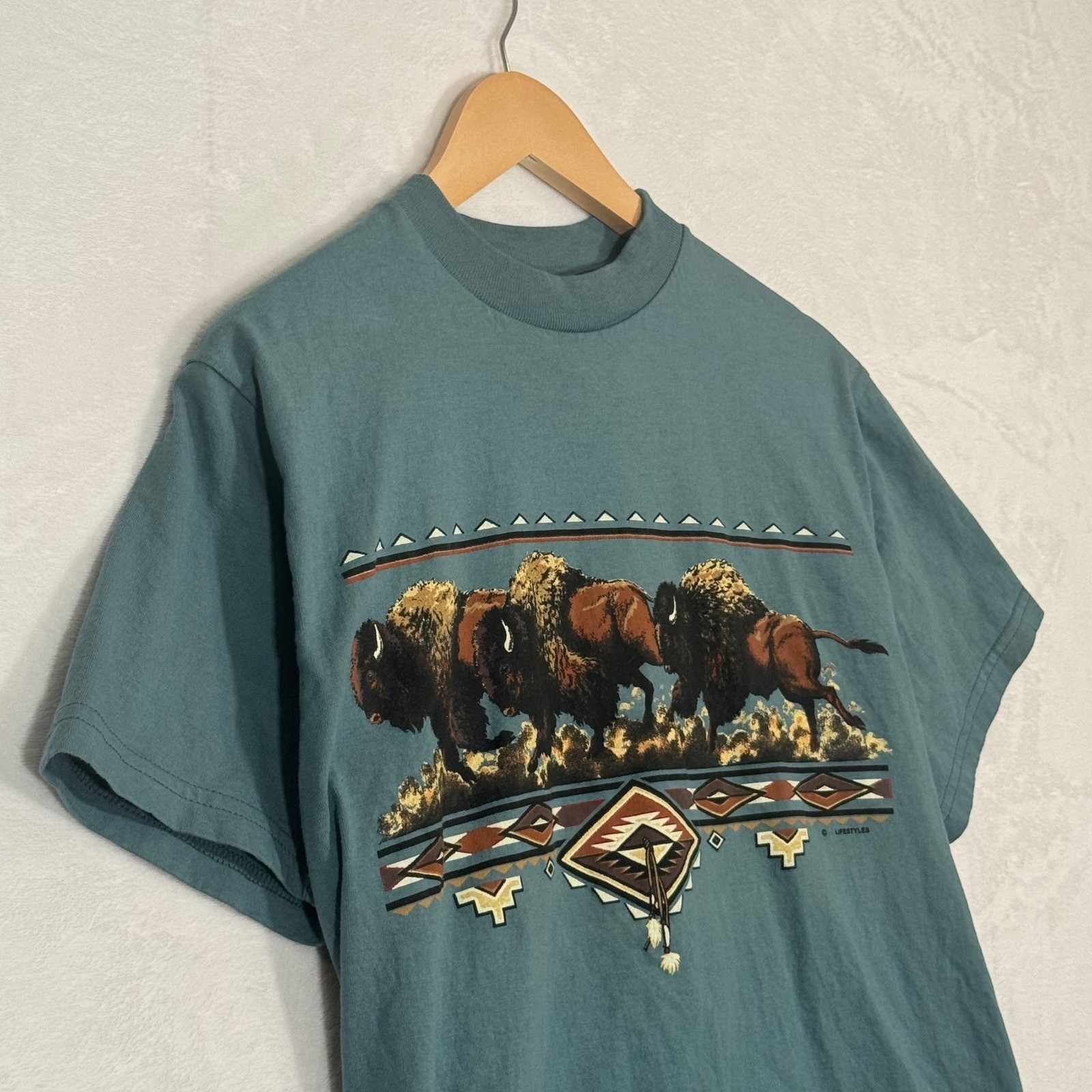 Vintage 90s AOP Tultex Teal Buffalo Two Sided Graphic T-Shirt Size Medium