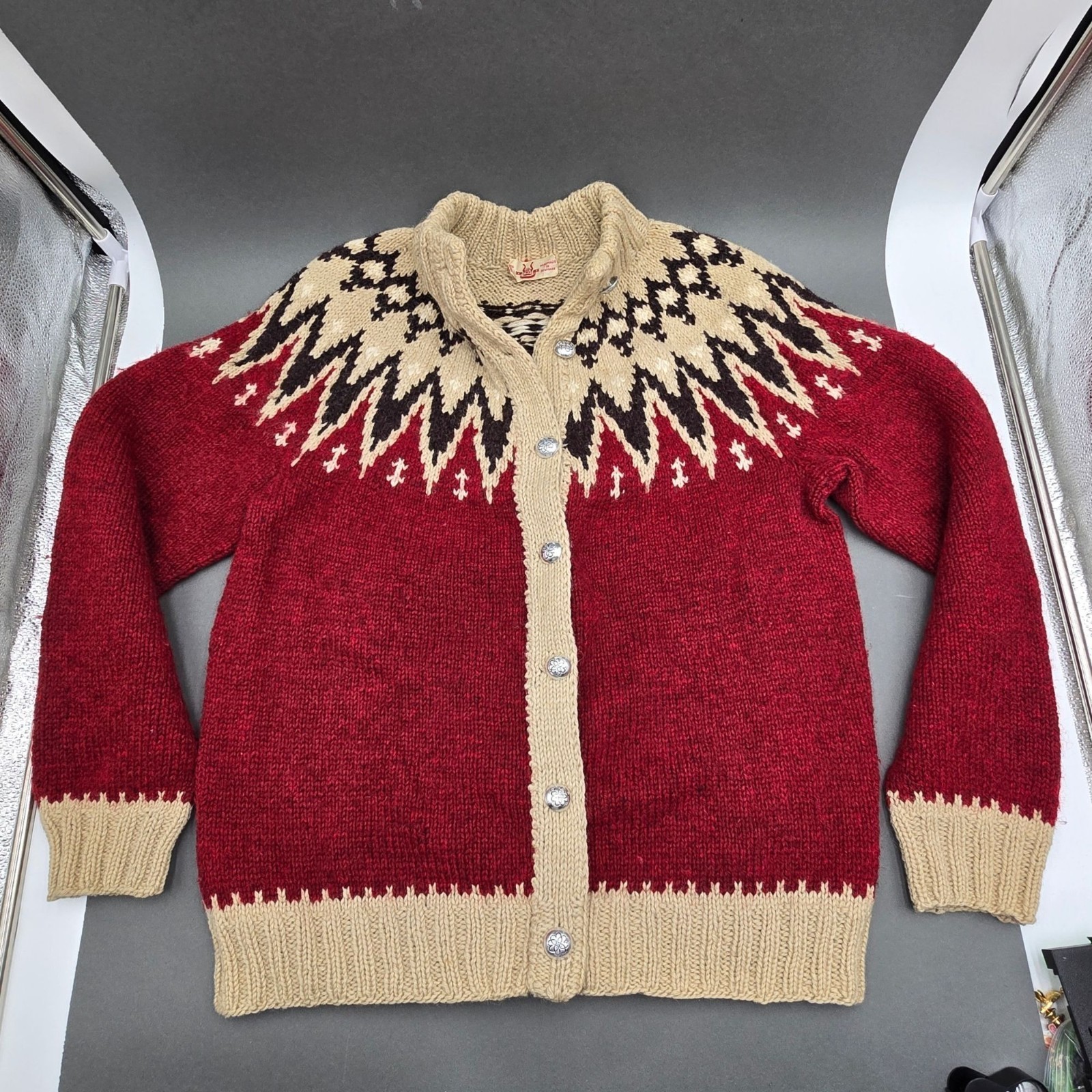 VTG CJ Viking Danish Wool Cardigan Sweater Med Red Tan Fair Isle Denmark Folk