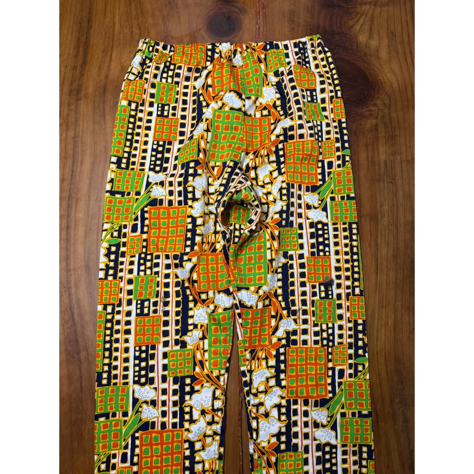 Vintage 70s Handmade pants XL Pull on Satin Floral Retro Polyester Print F4-1
