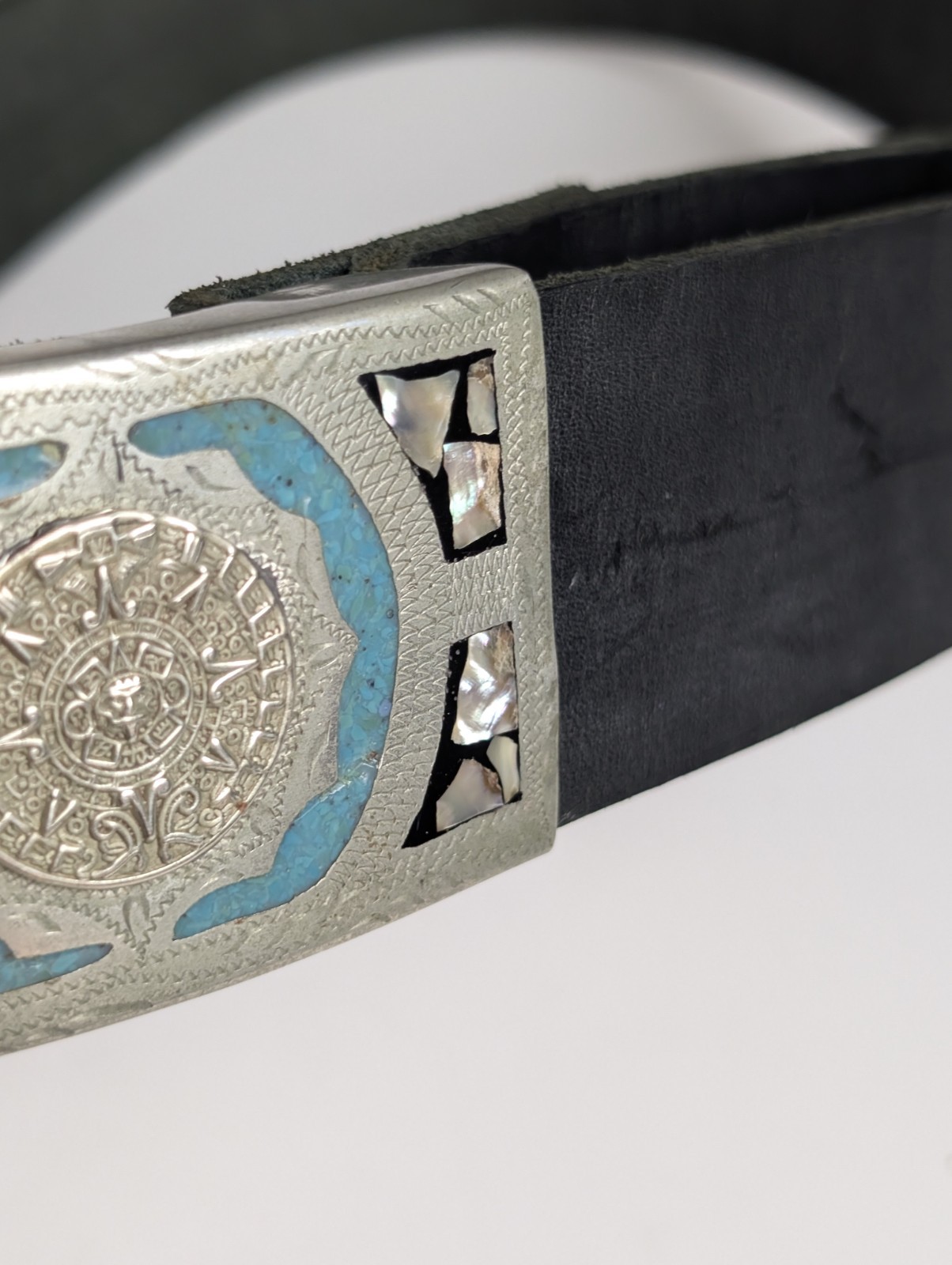 Vintage Mexico Alpaca Silver Aztec Calendar Belt Turquoise MOP Inlay Black…
