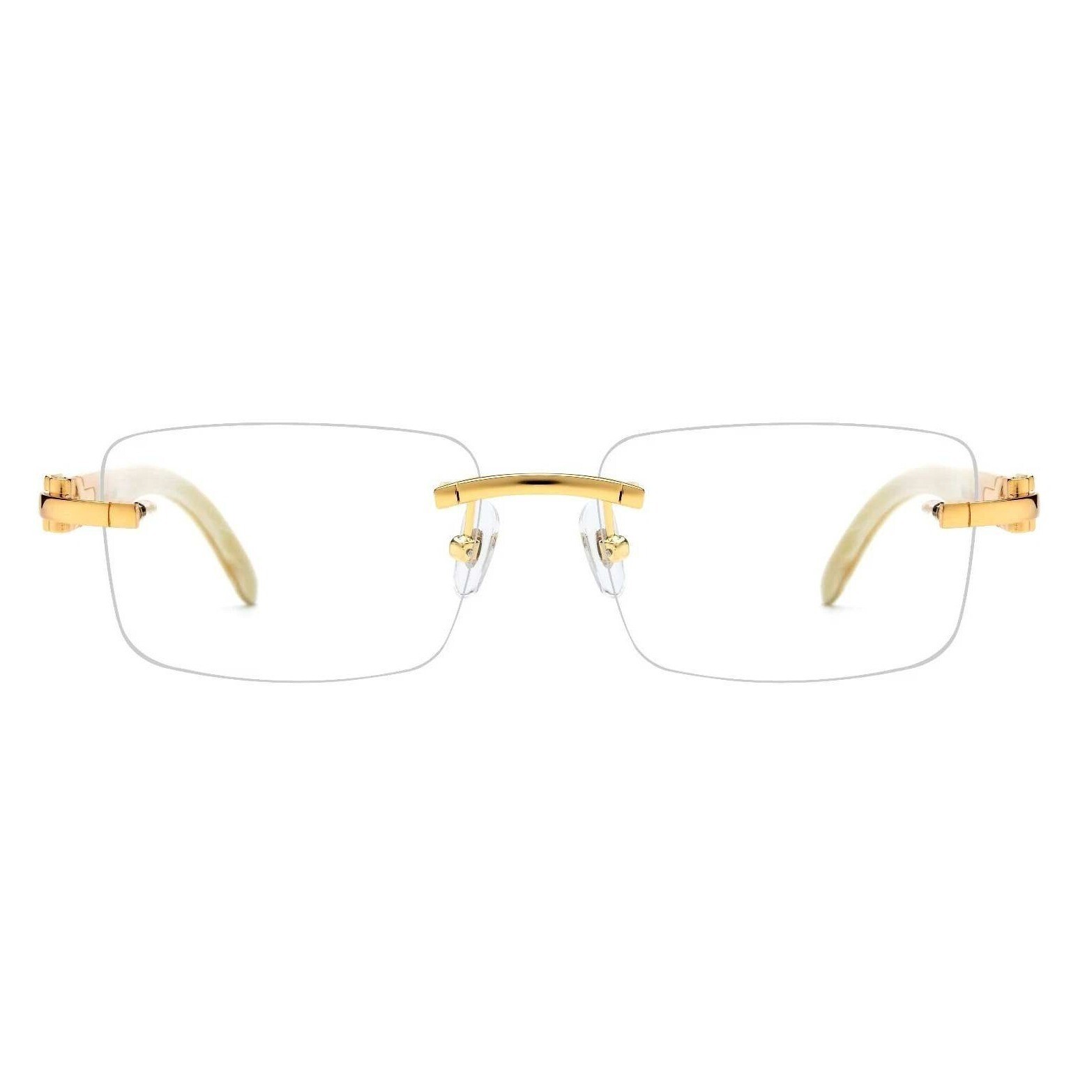 Rimless Eyeglasses Gold Clear Lens Wood Grain Arms Men’s Fashion Hip Hop Lenetes