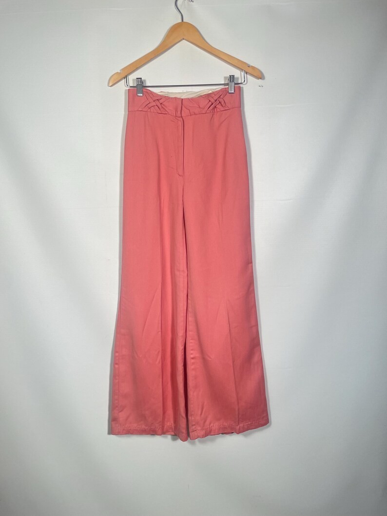 Vintage 1970s Coral Pink Cotton Bell Bottoms With Criss Cross loops 27 x 30