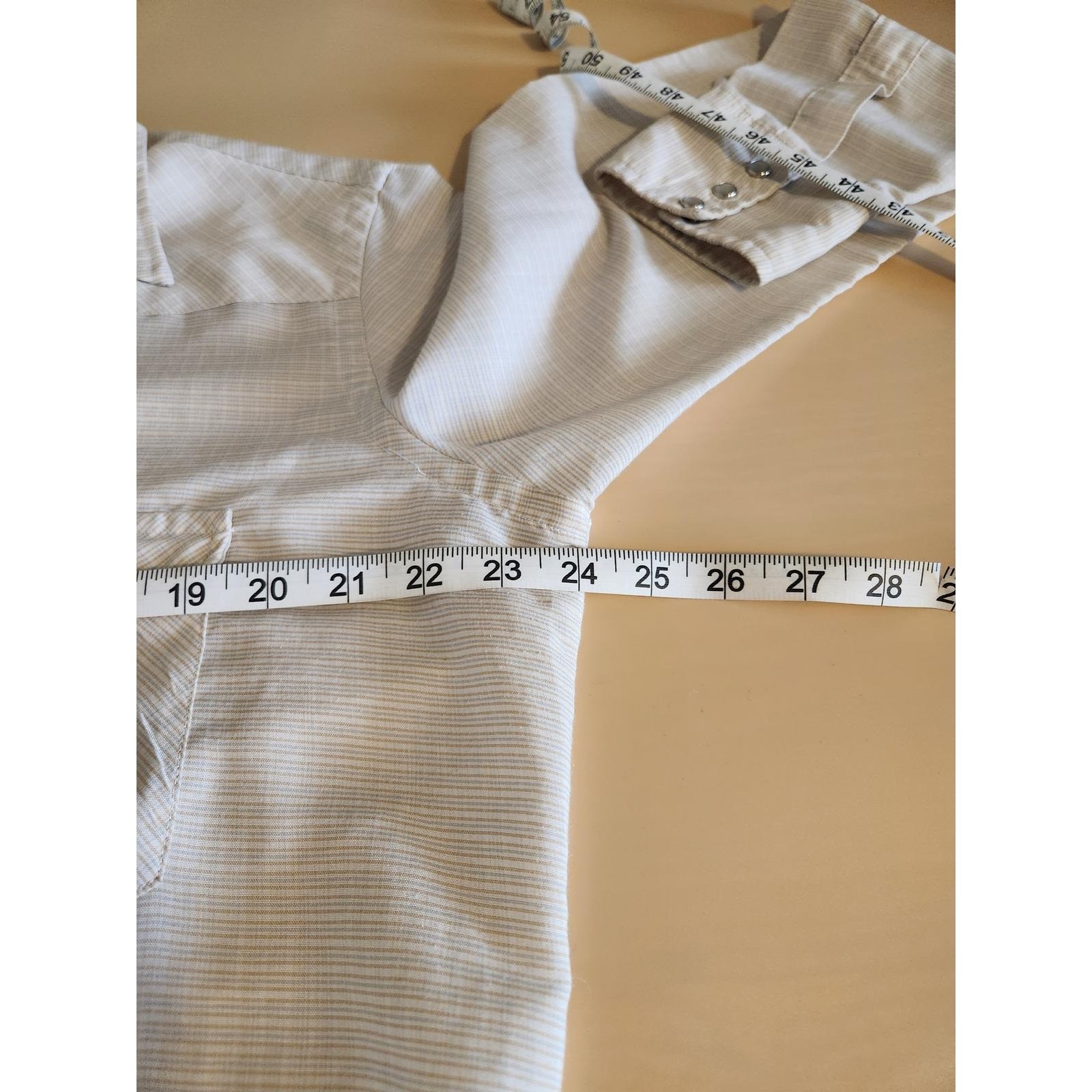 Wrangler Western Shirt Mens 16.5×36 Tan Stripe Pearl Snap Long Tail Made in USA