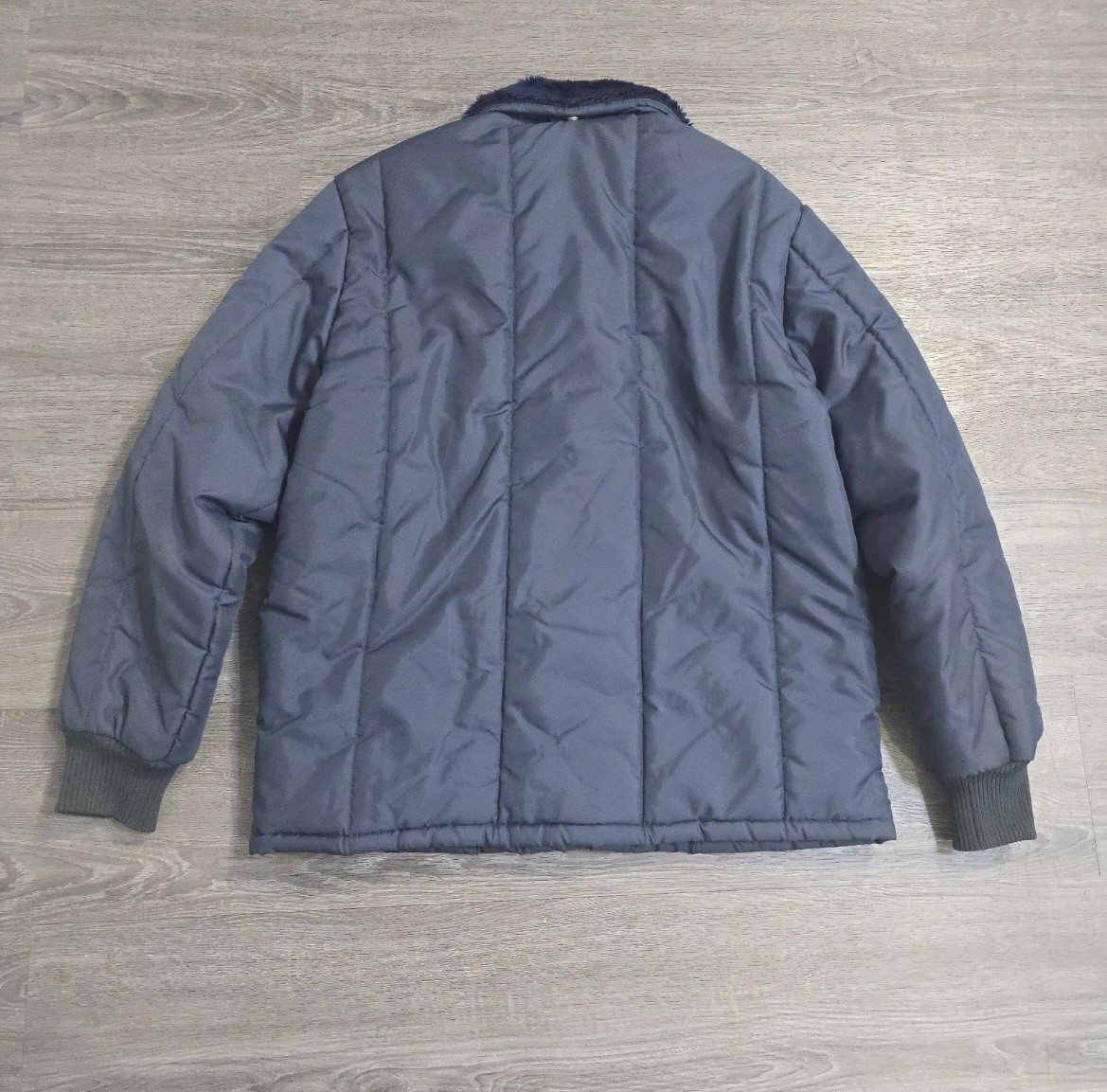 Vintage Sears Work Leisure 80s Blue Nylon Quilted Puffer Jacket Hooded Mens Sz M