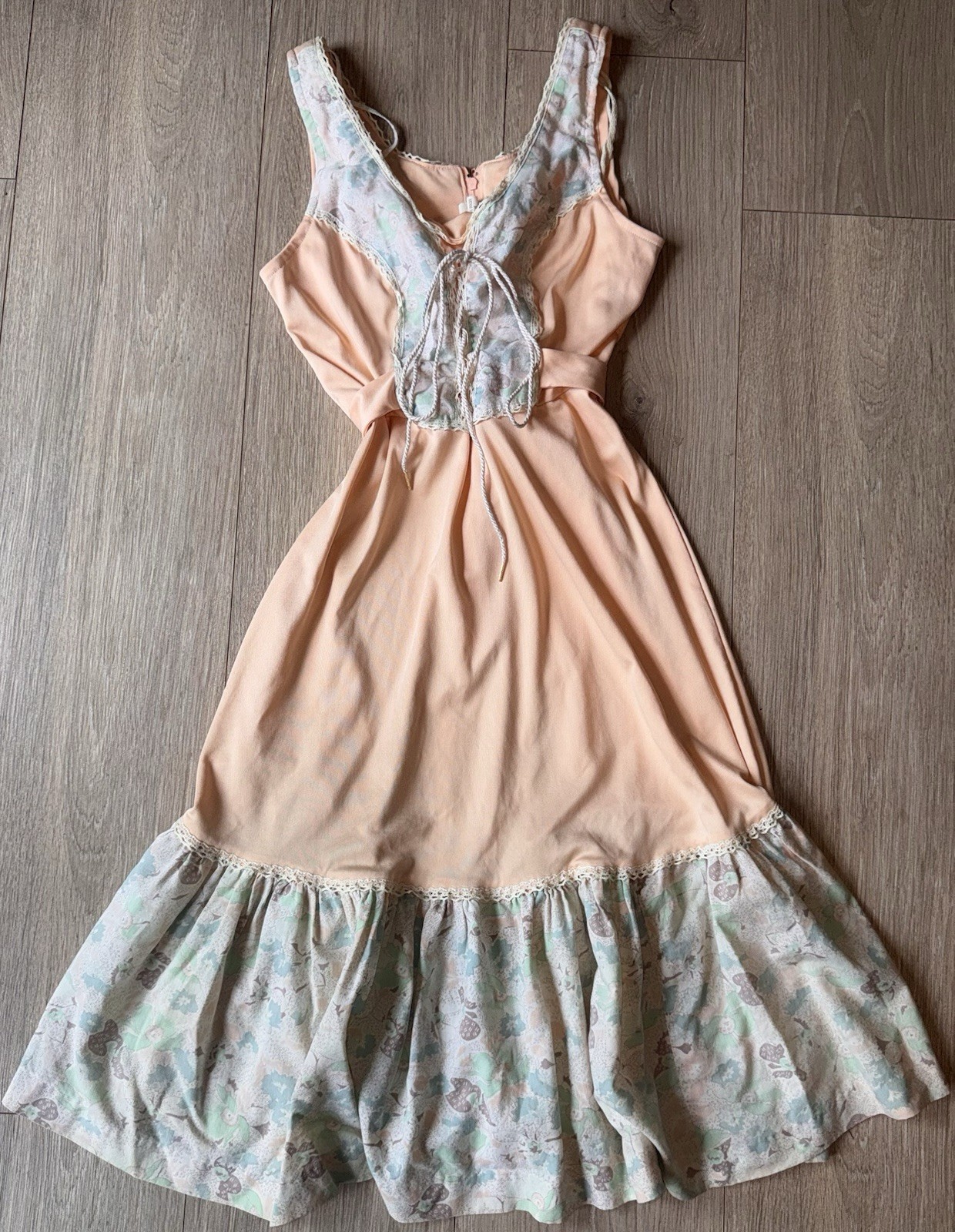 Vintage Peach Prairie Dress XXS Size 3 Lace Up Floral Cottagecore Boho Midi