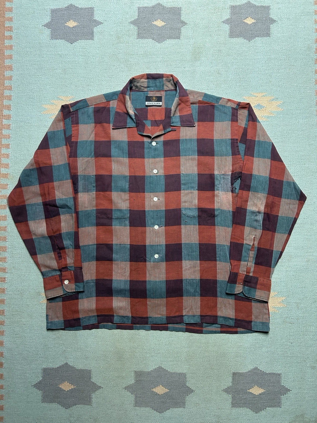 Vintage 60s long sleeve button shirt loop collar plaid poly cotton distressed XL