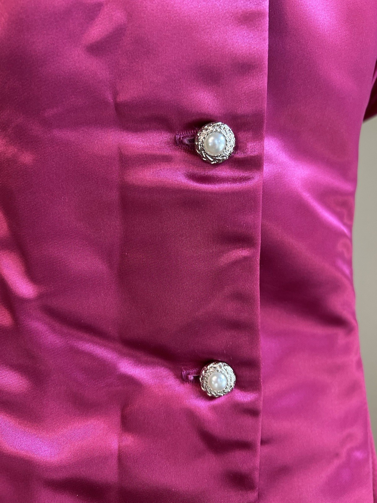 Vintage Handmade Fuschia Satin 1960s Midi Dress With Adjustable Bow Tie Cinch