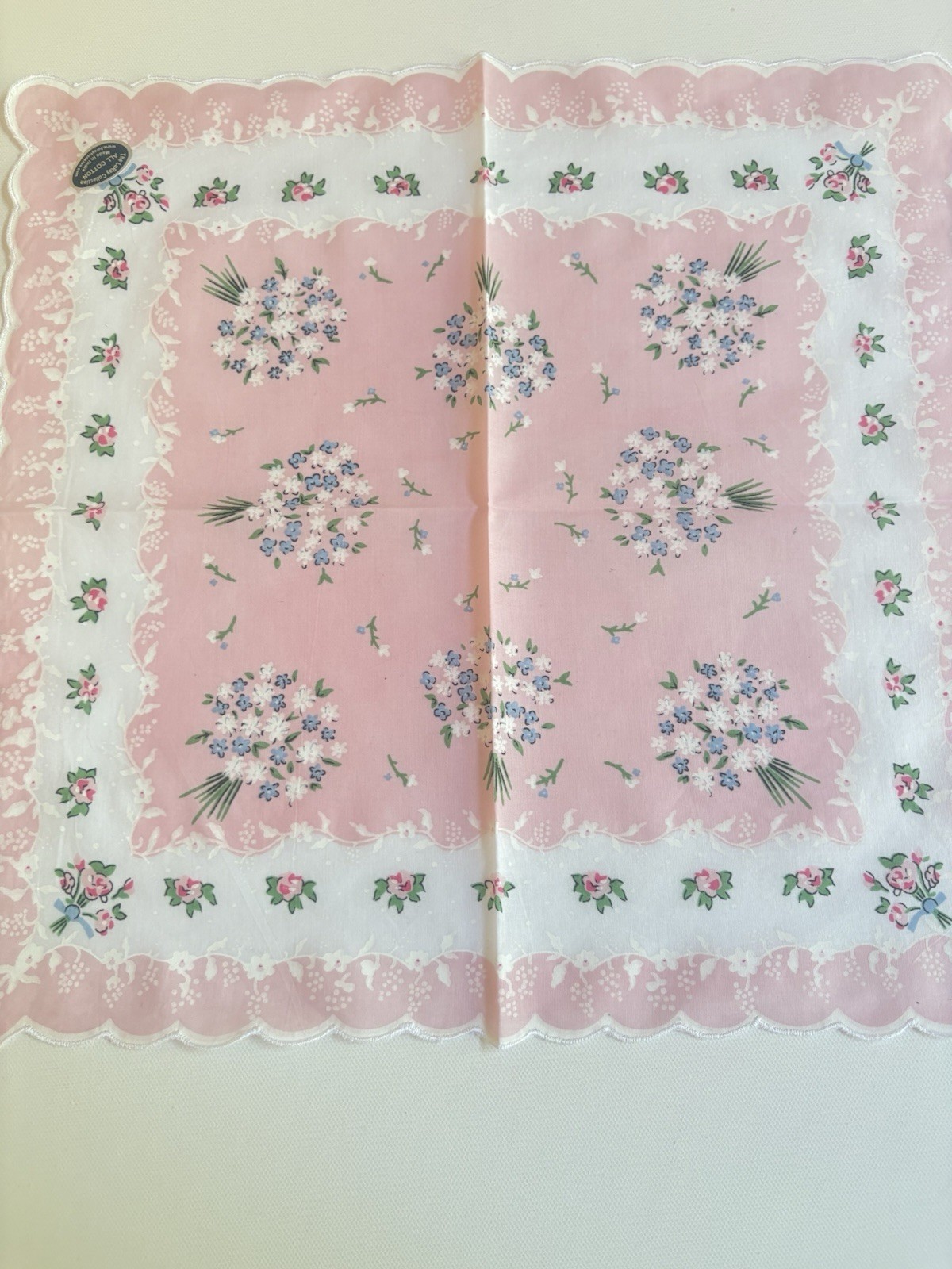 Lovely New LuRay Pastel Pink Handkerchief Hankie With Scalloped Border