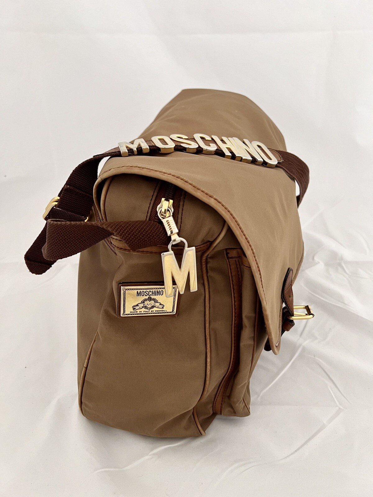 Vintage Moschino Nylon Large Brown Unisex Messenger Bag by Redwall (17″X 14″)