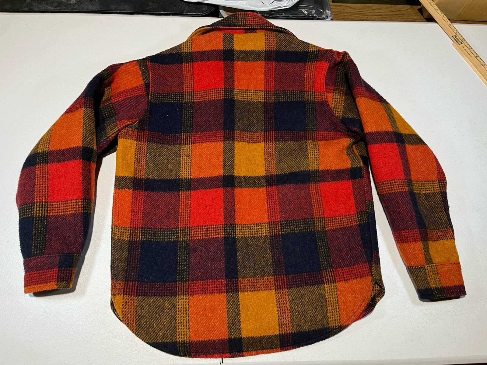 vtg 1970s Fox Knapp WOOL coat jacket SHERPA LINED orange plaid USA MADE women 16