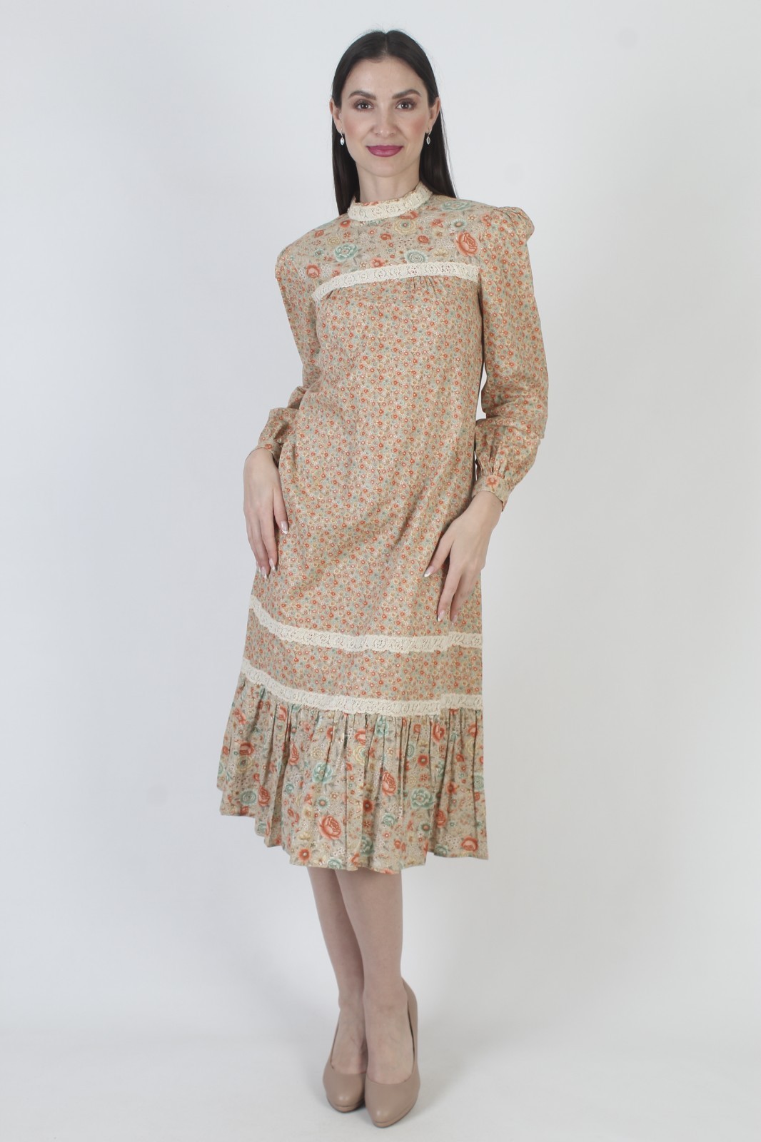 Vtg Autumnal Calico Prairie Dress Crochet Lace Cottage Peasant Country Midi