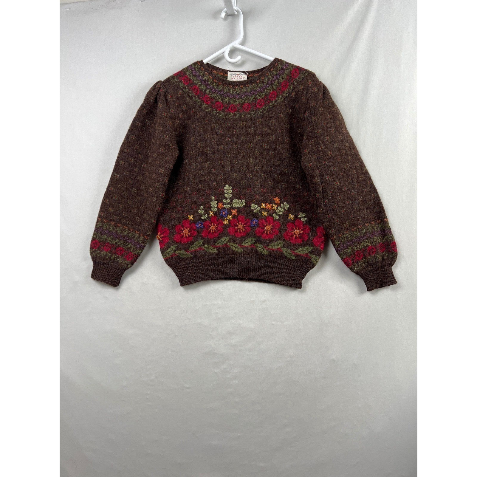 Susan Bristol Sweater Womens 34 Brown Excellent 100% Wool Hand Embroidered 1989