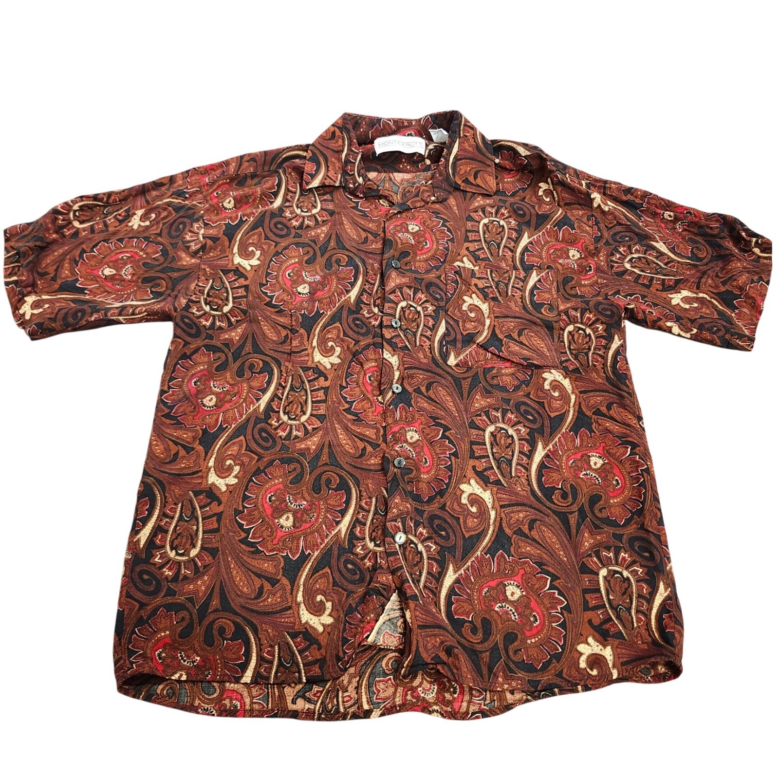 Monticerutti Mens Vintage Paisley Rayon Short Sleeve Button Down Shirt Brown S