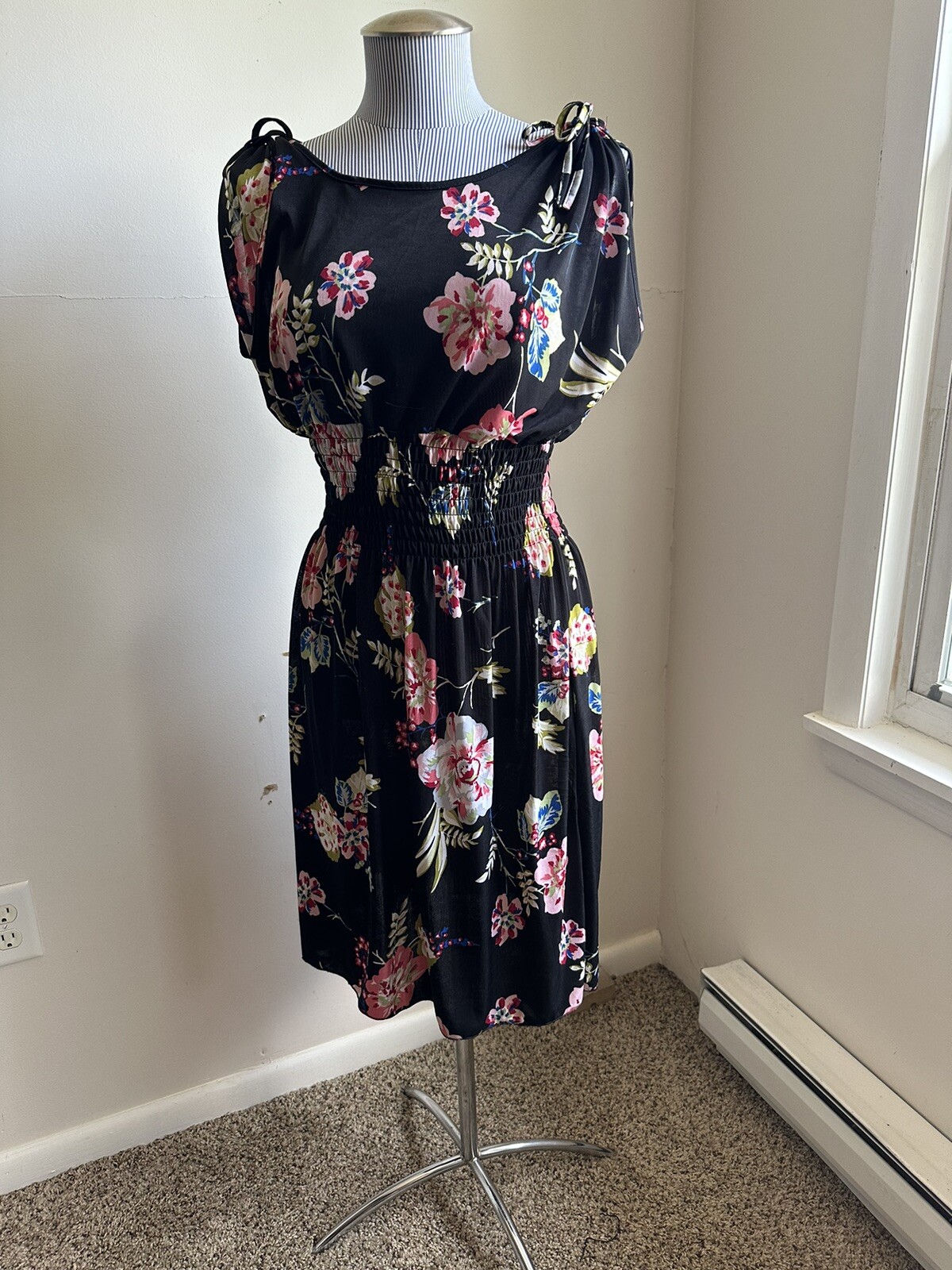 Vintage Sz M/L Black Floral Pink Summer Dress Sleeveless Cinched Waist Retro