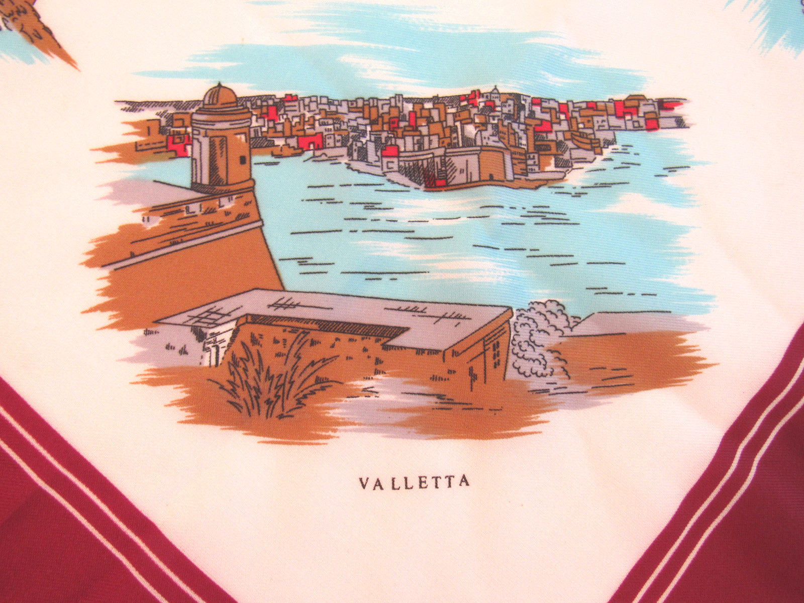 VINTAGE 70s 80s ALBERTO SERRA MALTA COMMEMORATIVE SCARF POLY 30″ by 30 1/2″