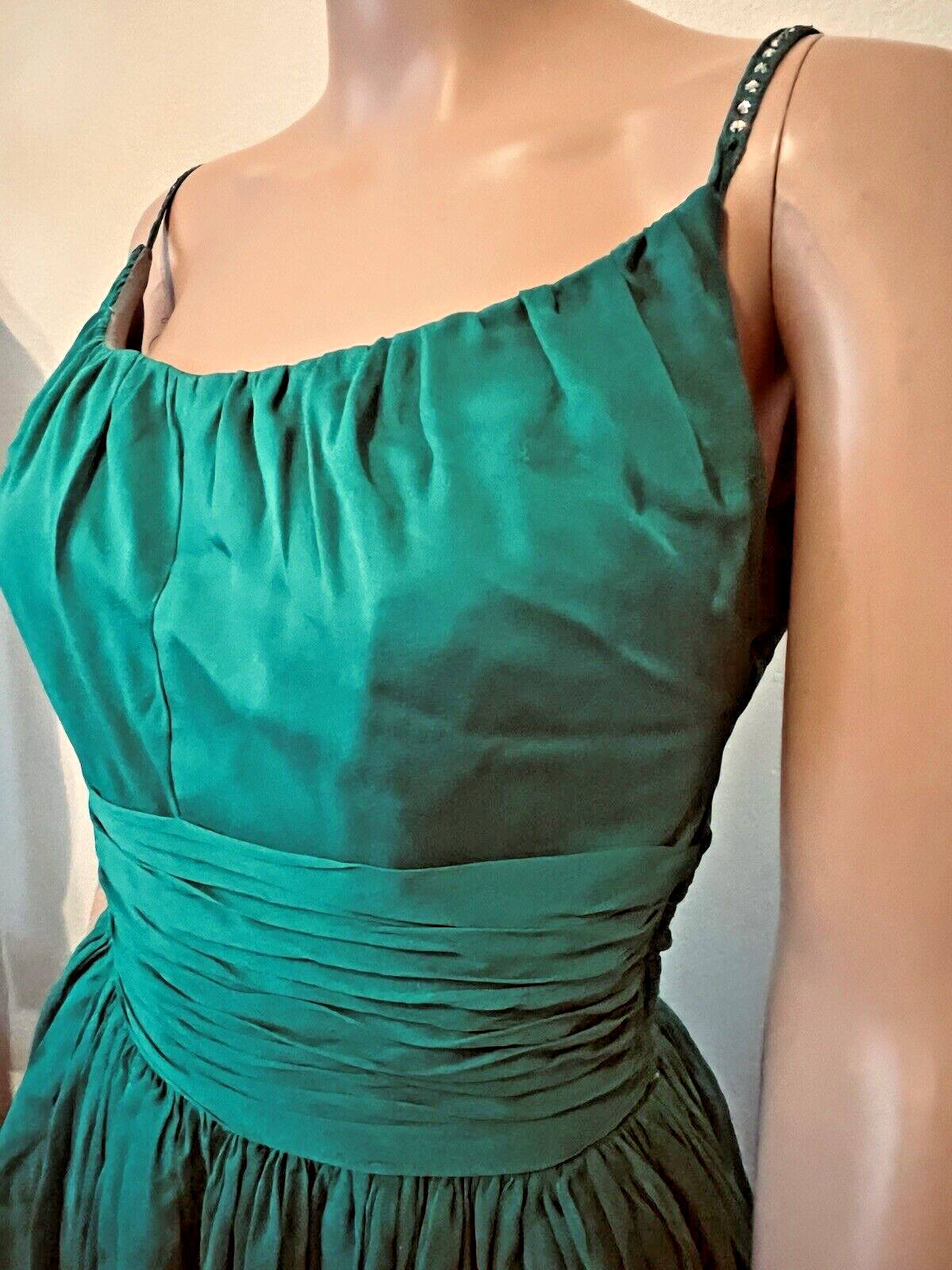 VTG 50s Emerald Green Cocktail Dress Bains Las Vegas Rhinestone Spaghetti Straps