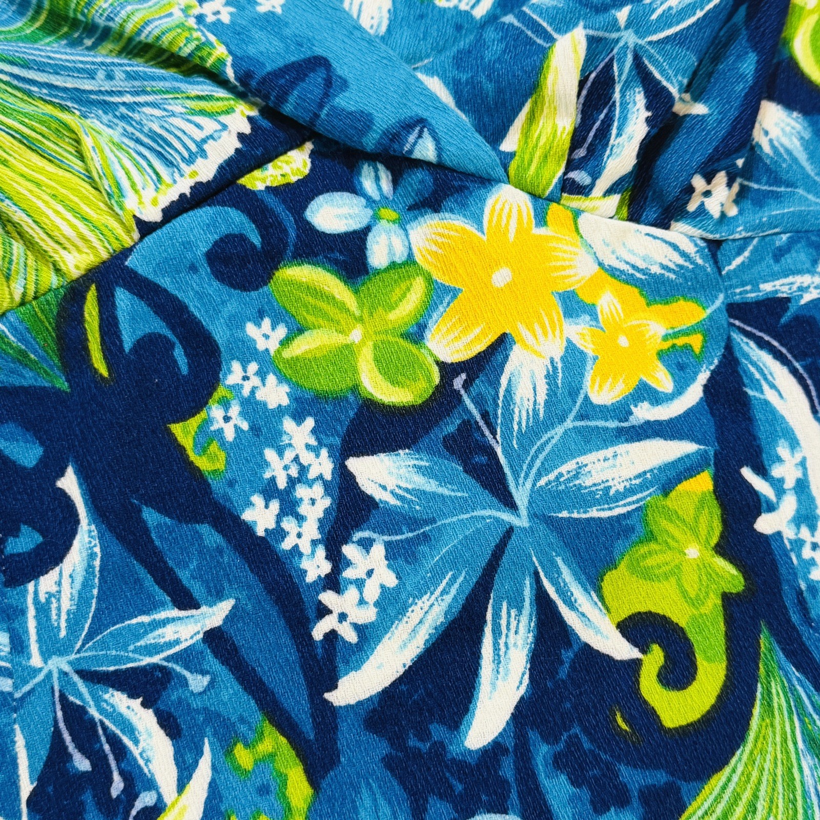 VTG Women’s Hawaiian Togs Blue Floral Barkcloth Pleated Train Maxi Dress Sz XS