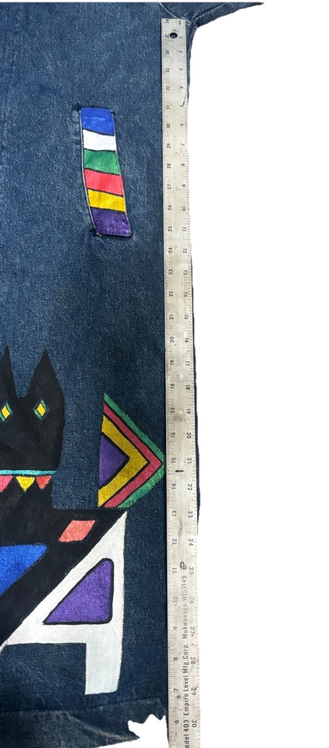 vintage 90s denim duster coat made In USA custom geometric embellishments Size M