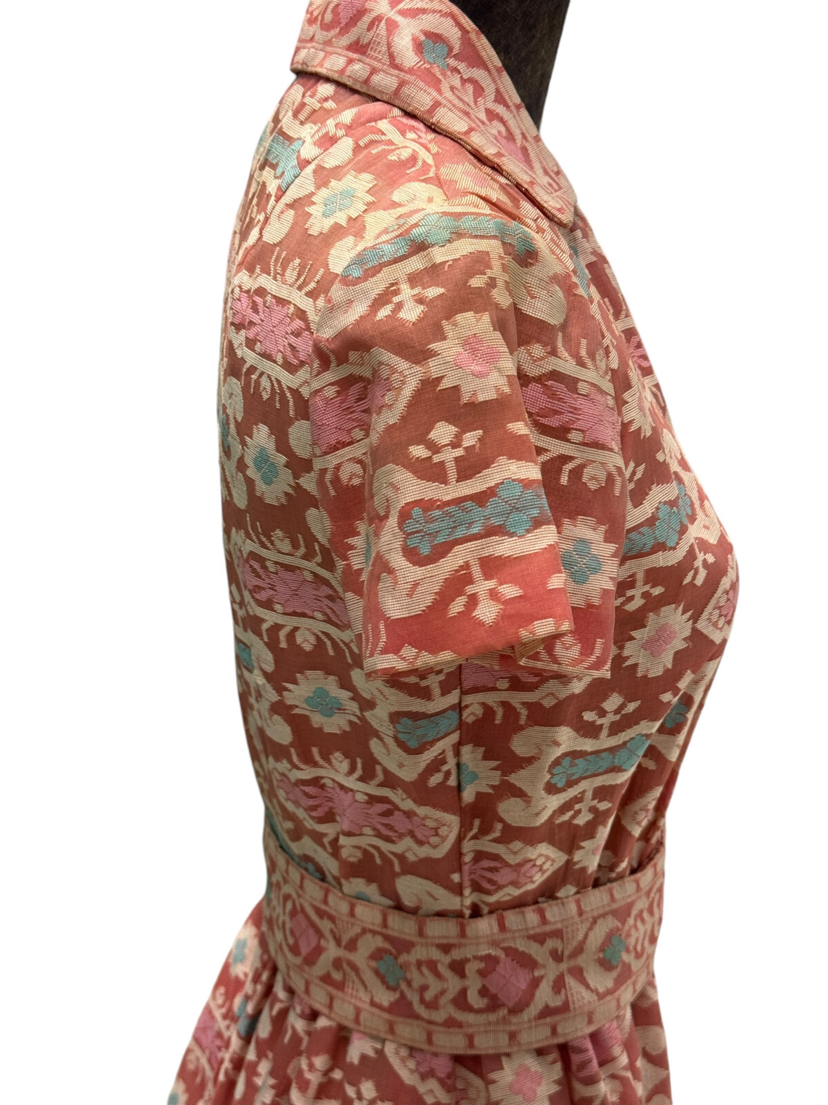 Vintage 1950s Pink & Turquoise Southwestern Pattern Belted Dress Small