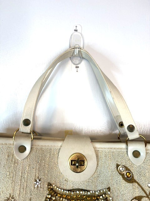 Vintage Jeweled Sequins Owl Handbag Mid Century Wood Bottom Canvas Satchel Purse