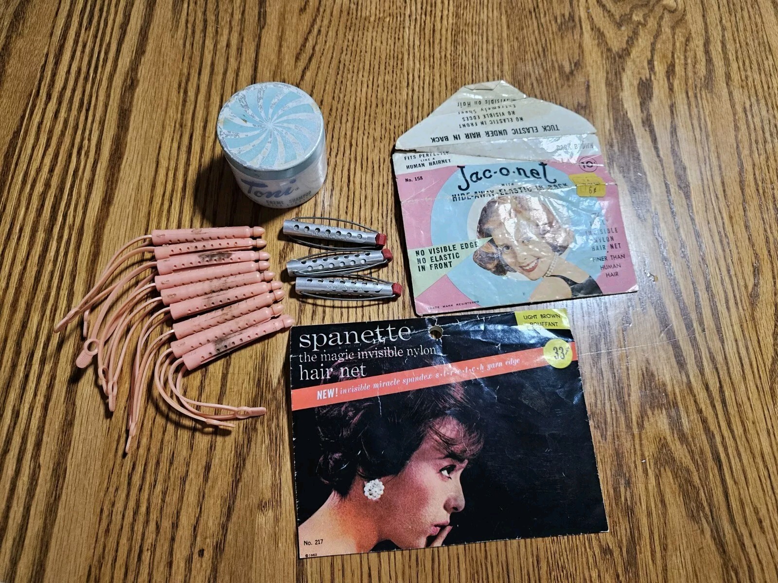 1950-60’s Women’s Hair Nets/Goody Curlers/Tip-Top Perm Rods/Toni Shampoo Jar