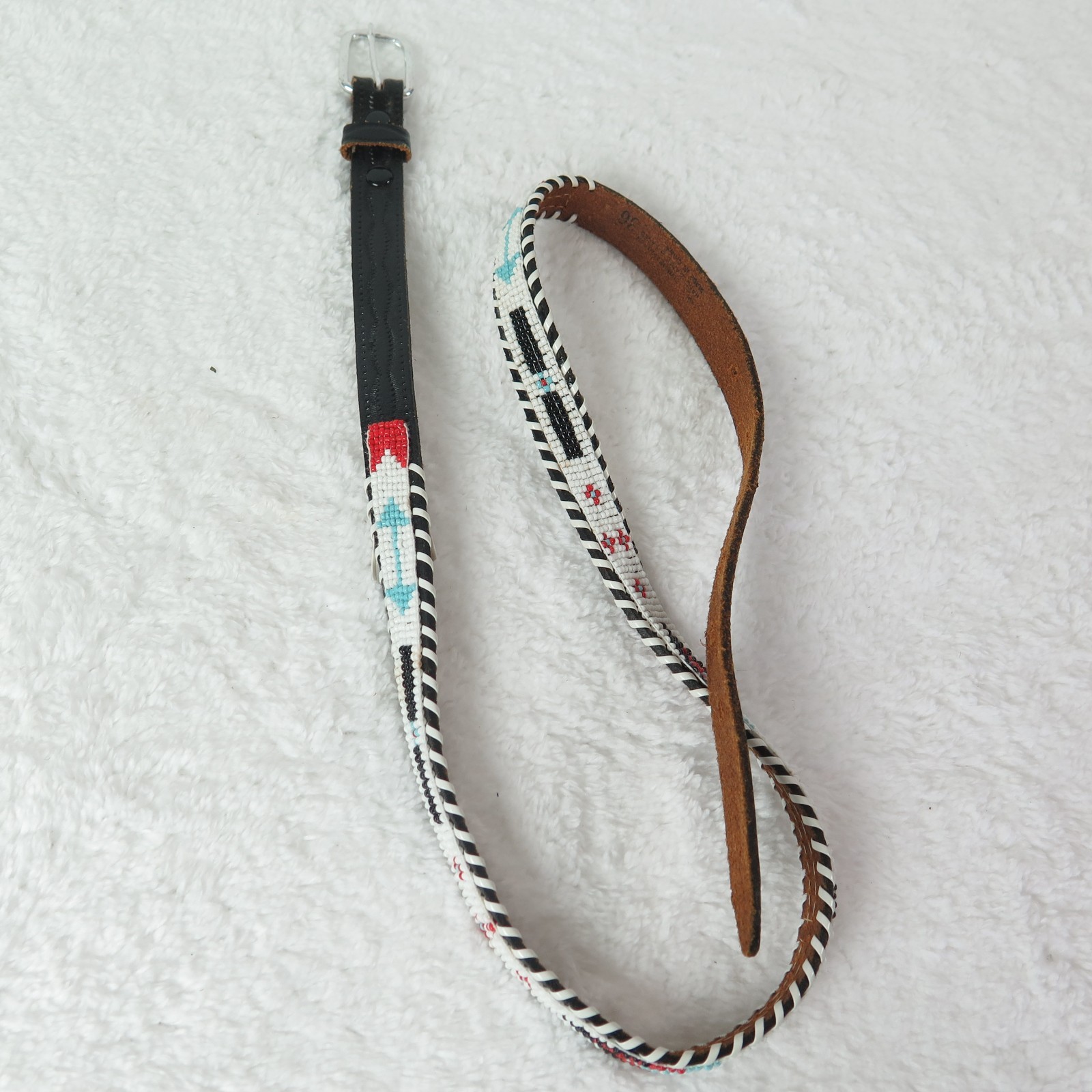 Beaded Native Belt Vintage Cowhide Hand Beading sz 36 Narrow China Made Black