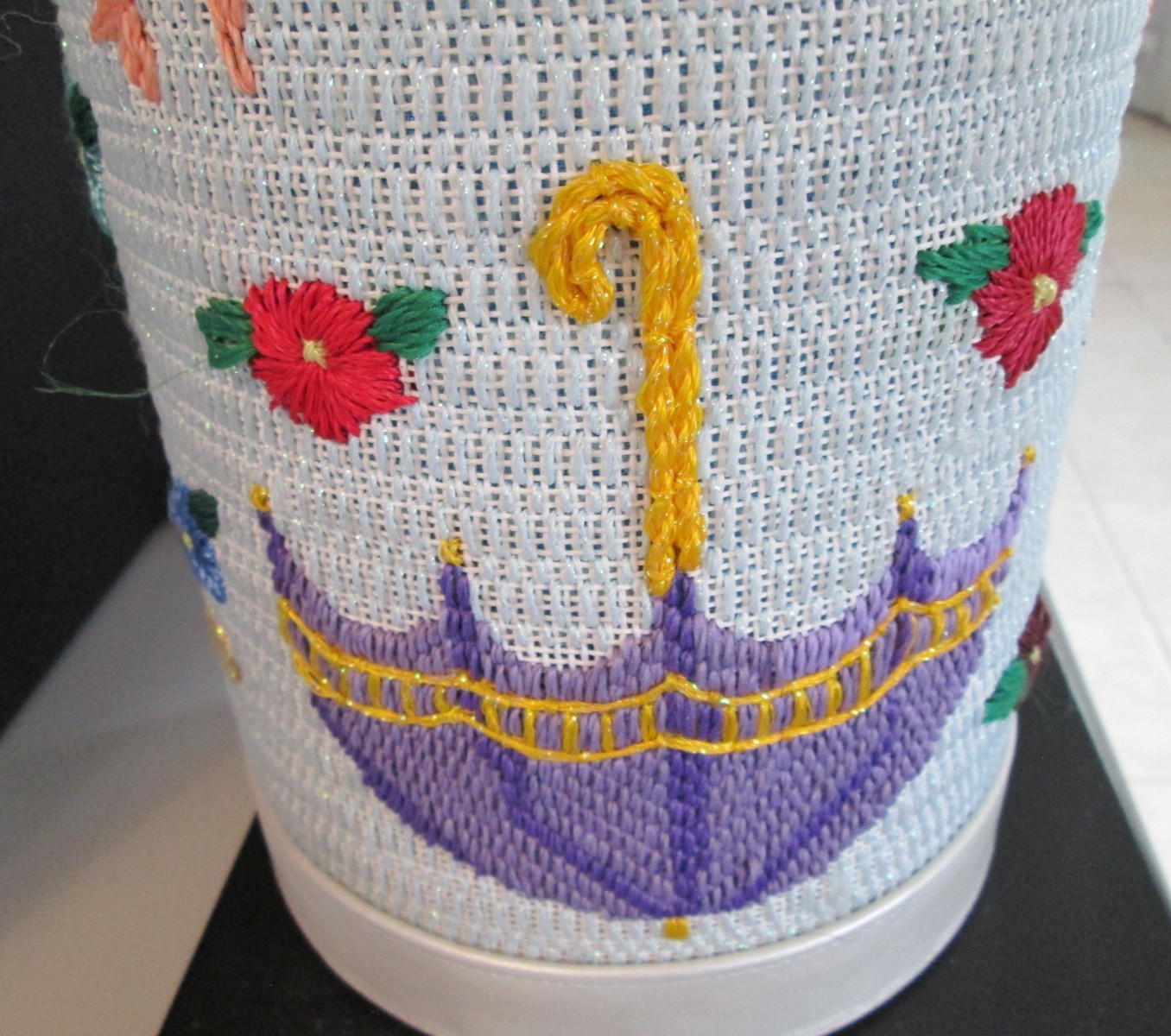 Vintage Umbrella Stand Embroidery Handmade Sequins 25in Needlework