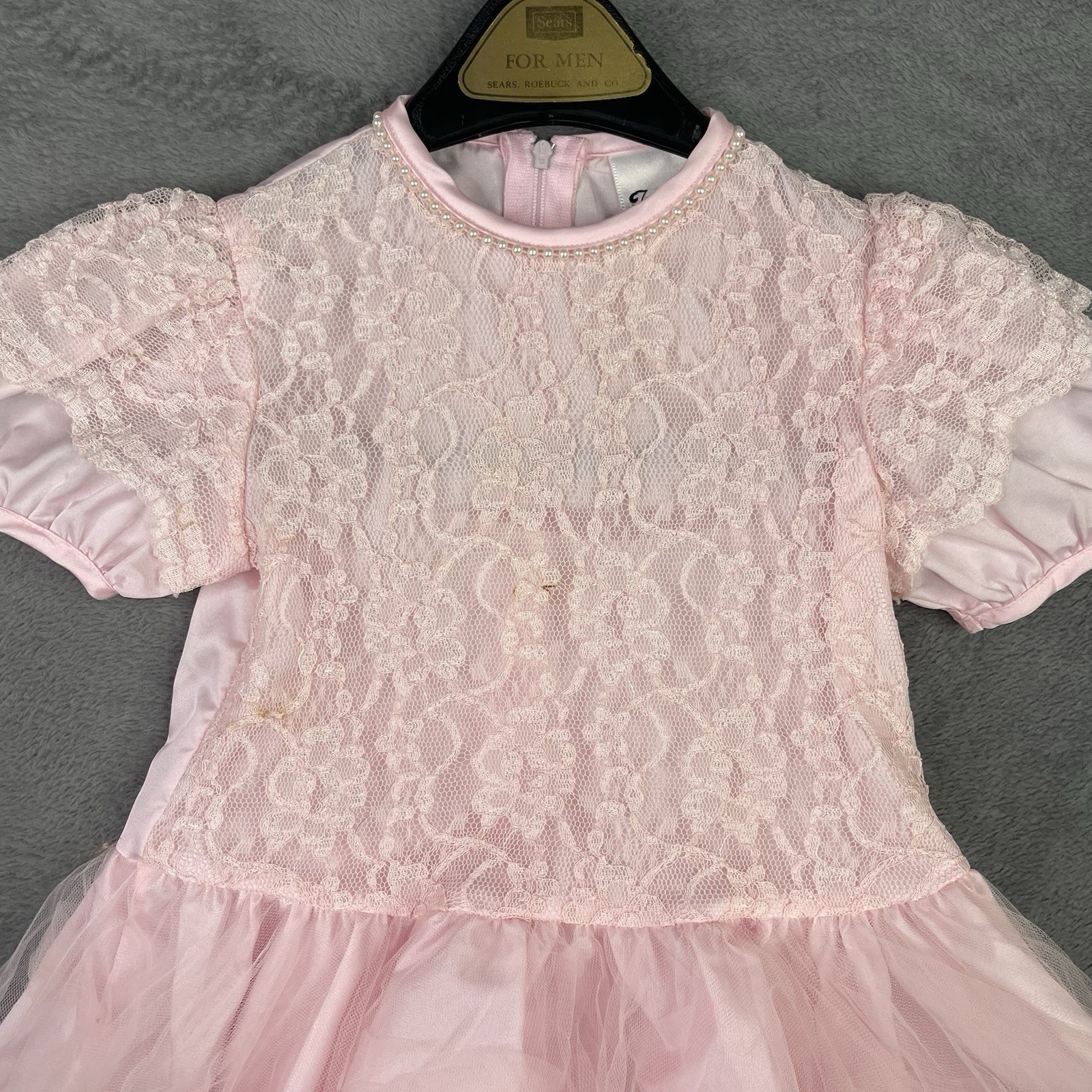 Vintage Baby Sheer Dress Girls 3T Pink Floral White Lace Bow Ribbon Party 70s