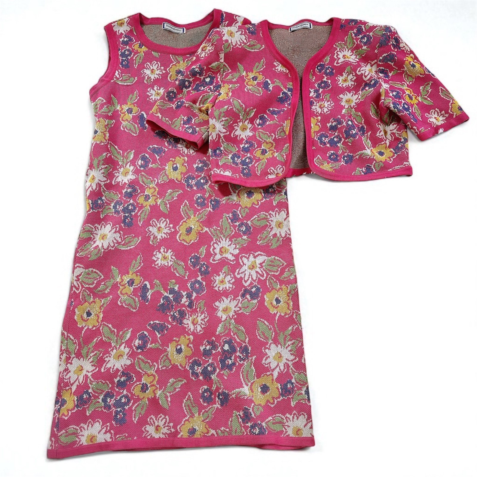 Vintage Yves Saint Laurent Paris Floral Knit Dress Cardigan Set Pink M
