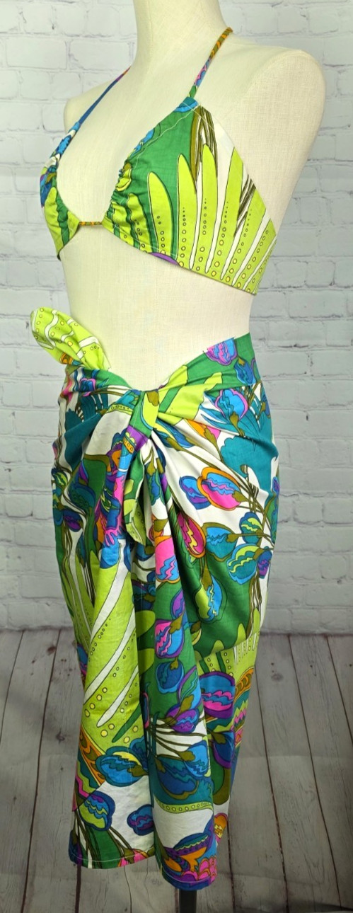 Vintage 70’s Bikini Top And Sarong Handmade Tropical Neon Festival Beachy Hippie