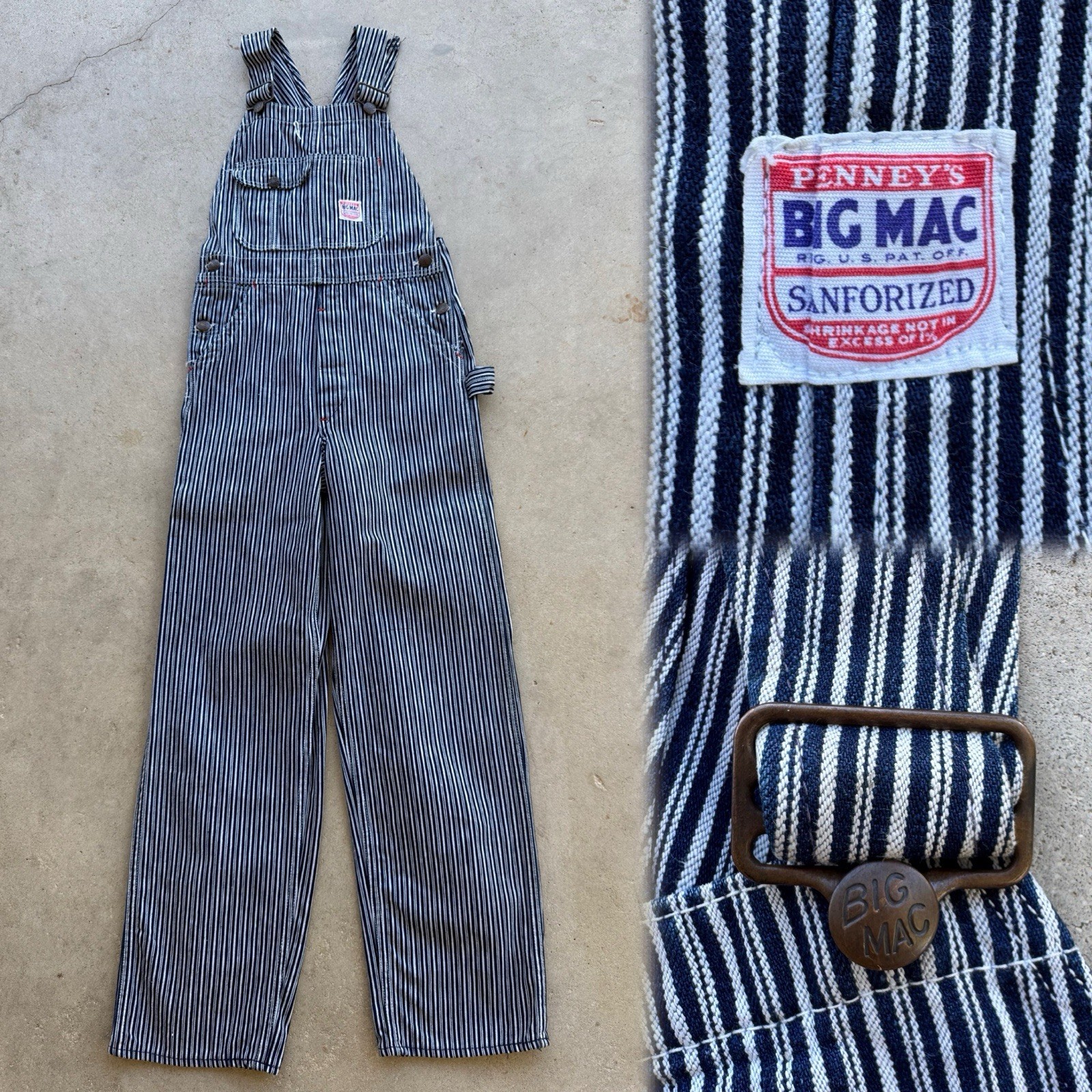 1940s Vtg Penneys BIG MAC Hickory Stripe Overalls Boys 26×27 Workwear Sanforized