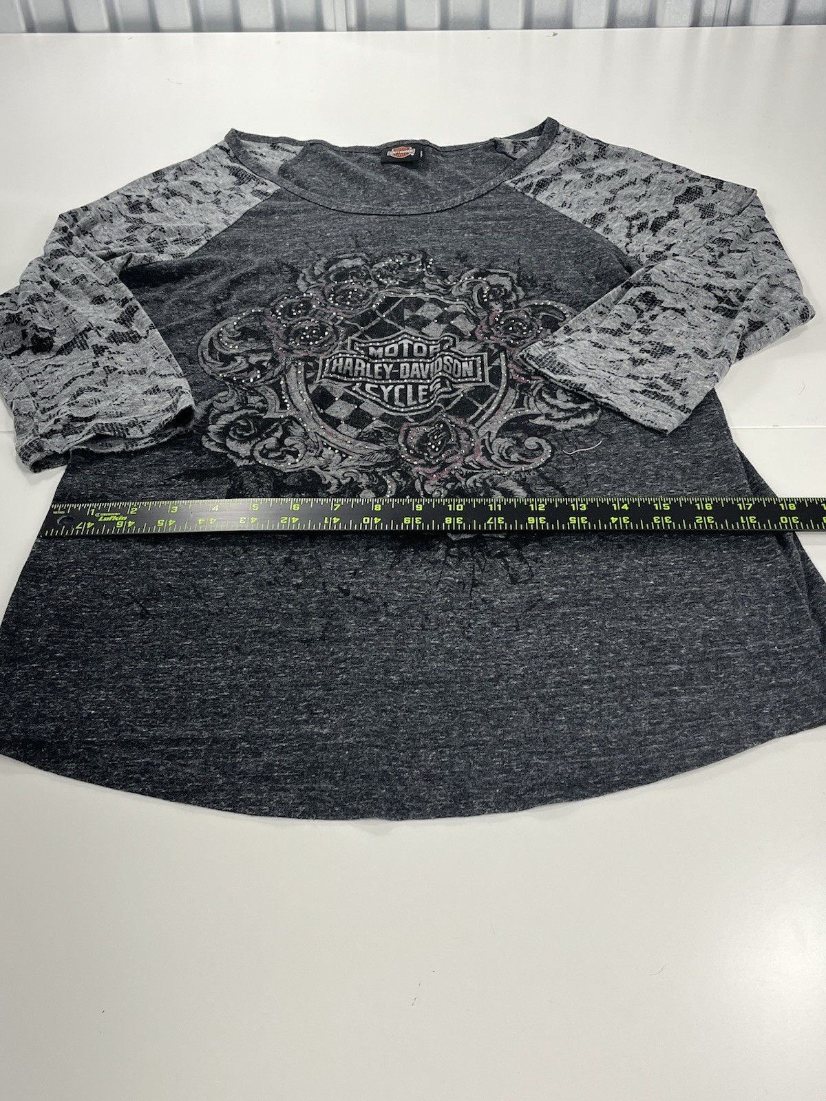 Y2K Harley-Davidson Women’s 3/4 Sleeve Top XL Gray Lace Floral Bling