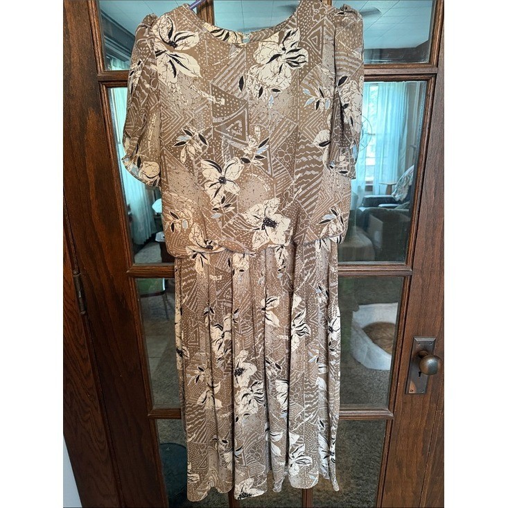 Vintage Miss Oops California Brown Floral Geometric Pleat Blouson Dress Size 14