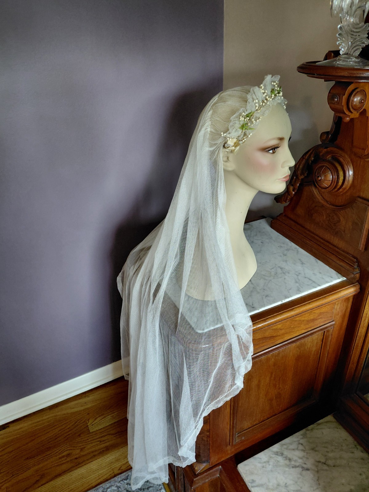 Antique Vintage 1920’s Wedding Bridal Veil Wax Orange Blossom Buds Peach Ribbons