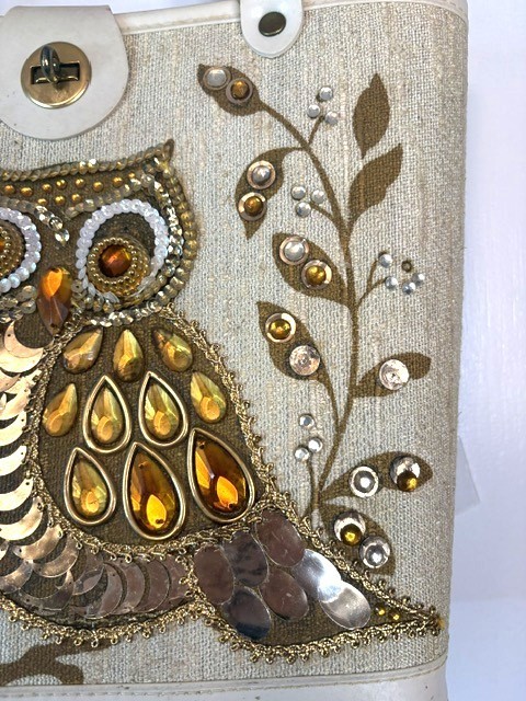 Vintage Jeweled Sequins Owl Handbag Mid Century Wood Bottom Canvas Satchel Purse