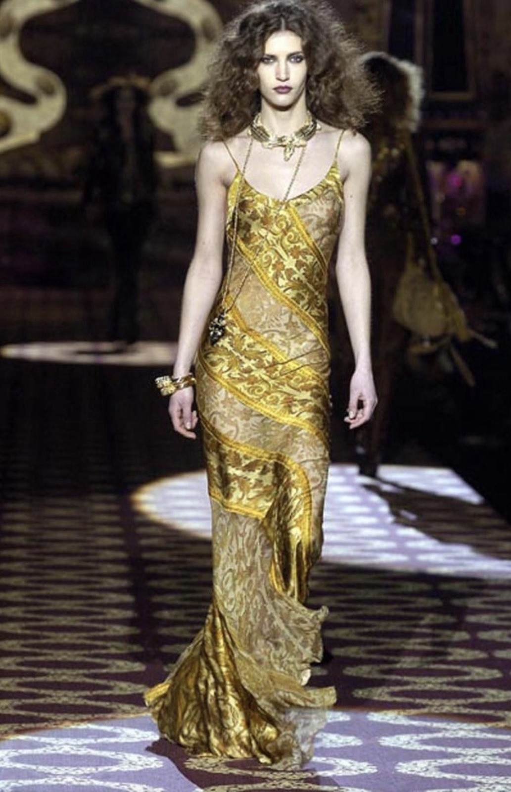*ROBERTO CAVALLI* Archival Runway F/W 2004 Gold Baroque Silk Mermaid Gown XS
