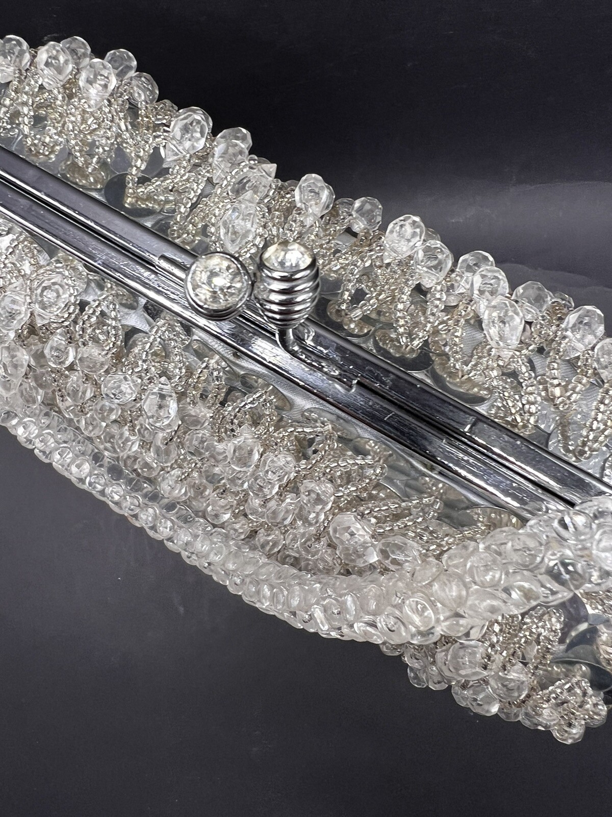 Vtg Beaded HandBag Silver & Clear Evening Purse Hong Kong Prom Wedding 60s 70s